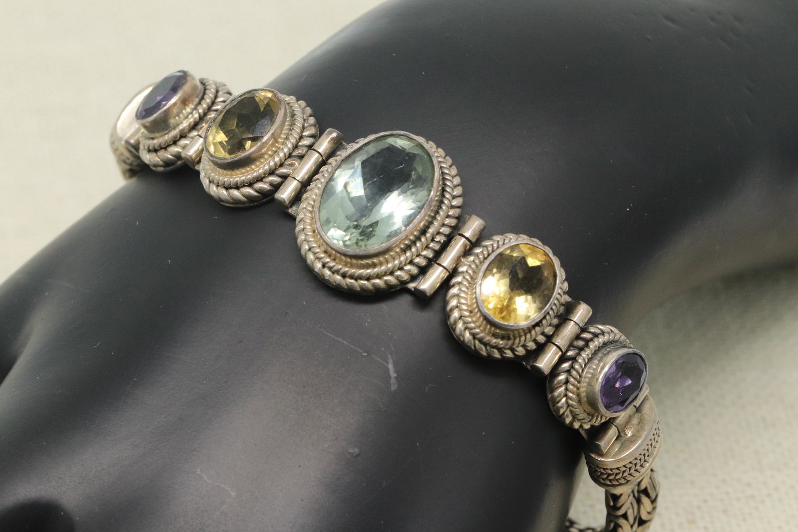 BA INDONESIA Sterling Silver 925 Bracelet Amethyst: This is a Gorgeous BA INDONESIA Sterling Silver 925 Bracelet Amethyst Citrine Prasiolite. Bracelet total weight is 37g.