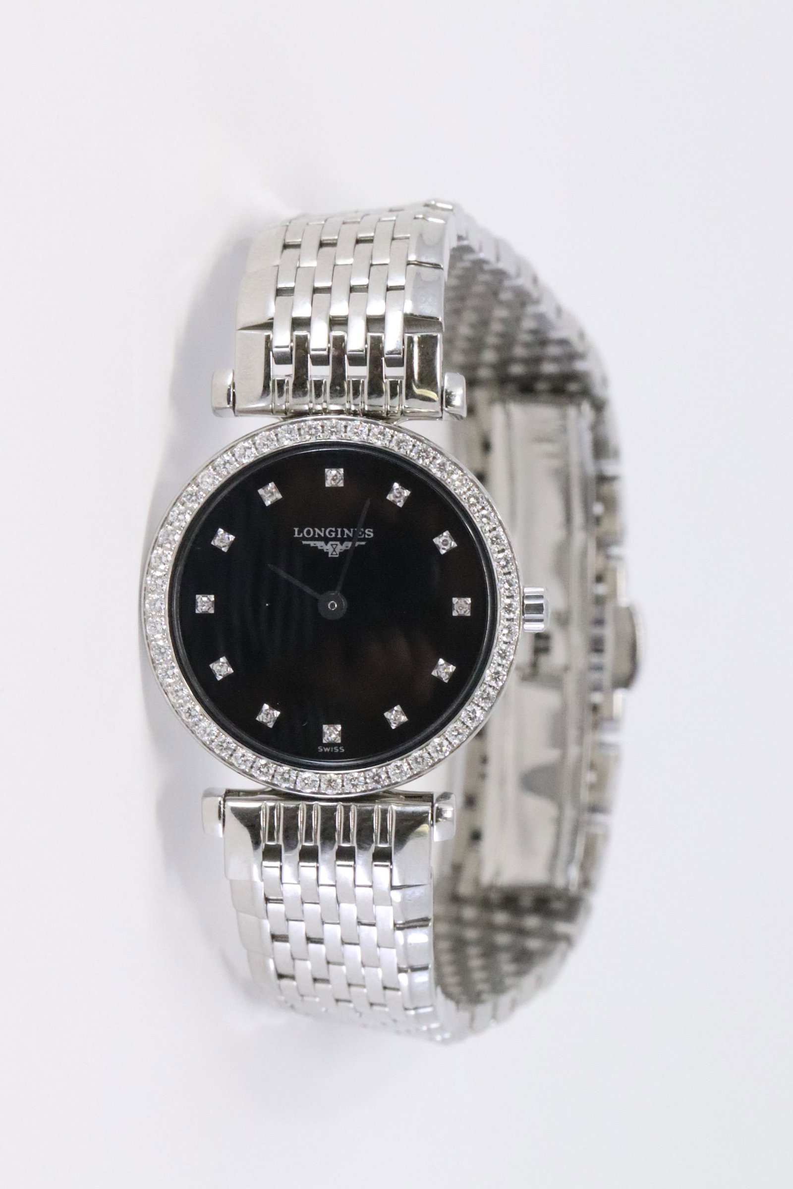 Longines Le Grande Classique de Longines Watch: Longines Le Grande Classique Real Diamond Set Wristwatch. A round Black dial with Diamond numerals, with very sparkly diamond set bezel.