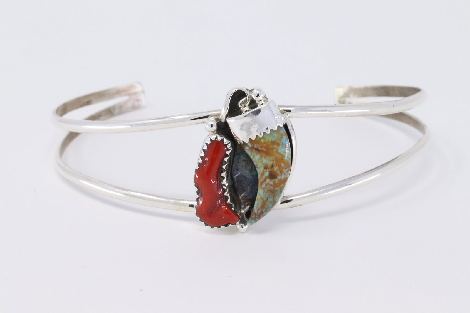 Navajo Sterling Silver Turquoise/Coral Cuff Bangle (1 of 4)