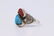 Navajo Mens Turquoise & Red Coral B L Ring. - 2