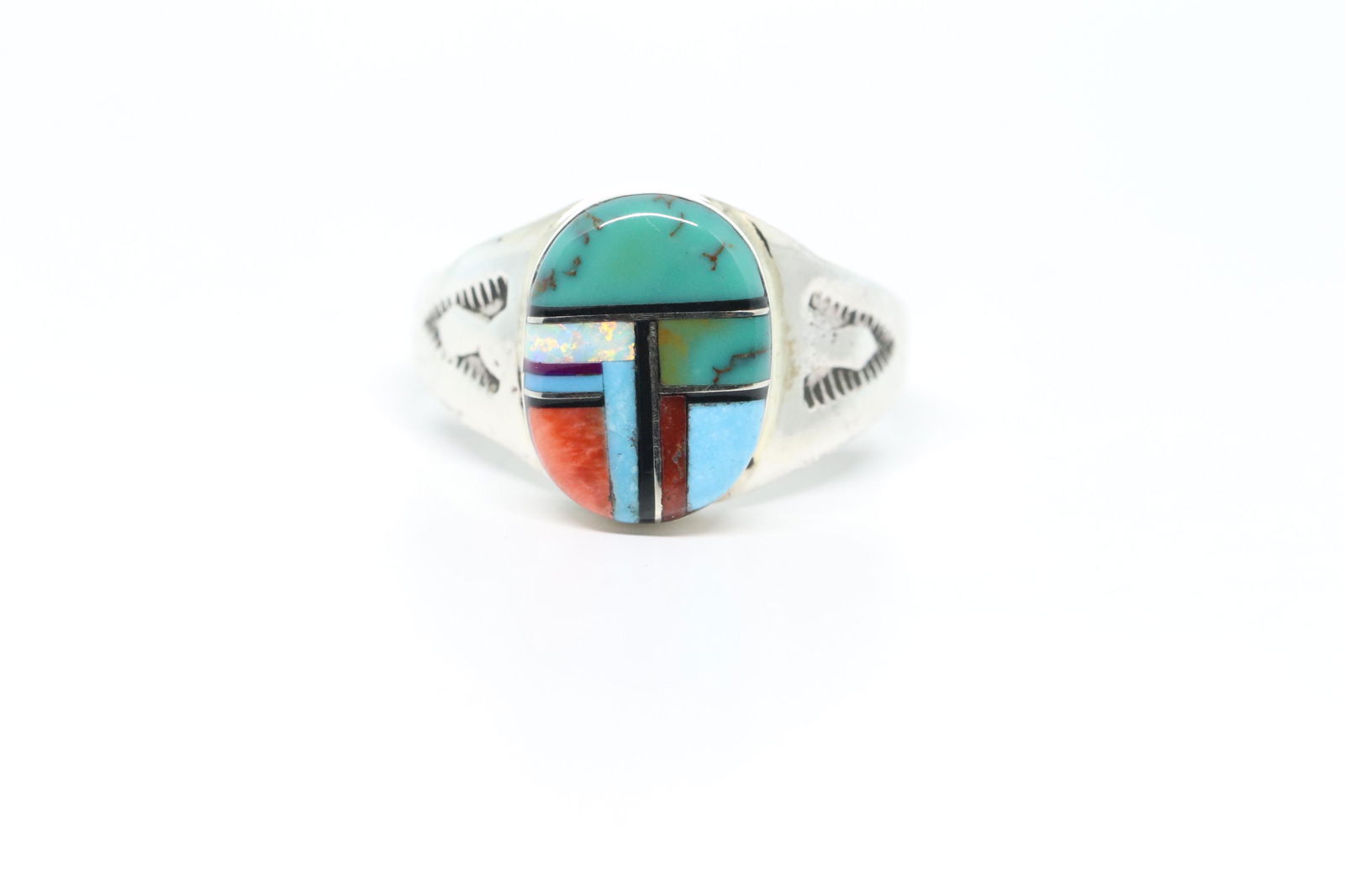 Navajo Native American Sterling Silver Multi-Stone: This is a Navajo Native American Sterling Silver Multi-Stone Inlay Ring By M.L. ring size is 11.0. REF:I854D994