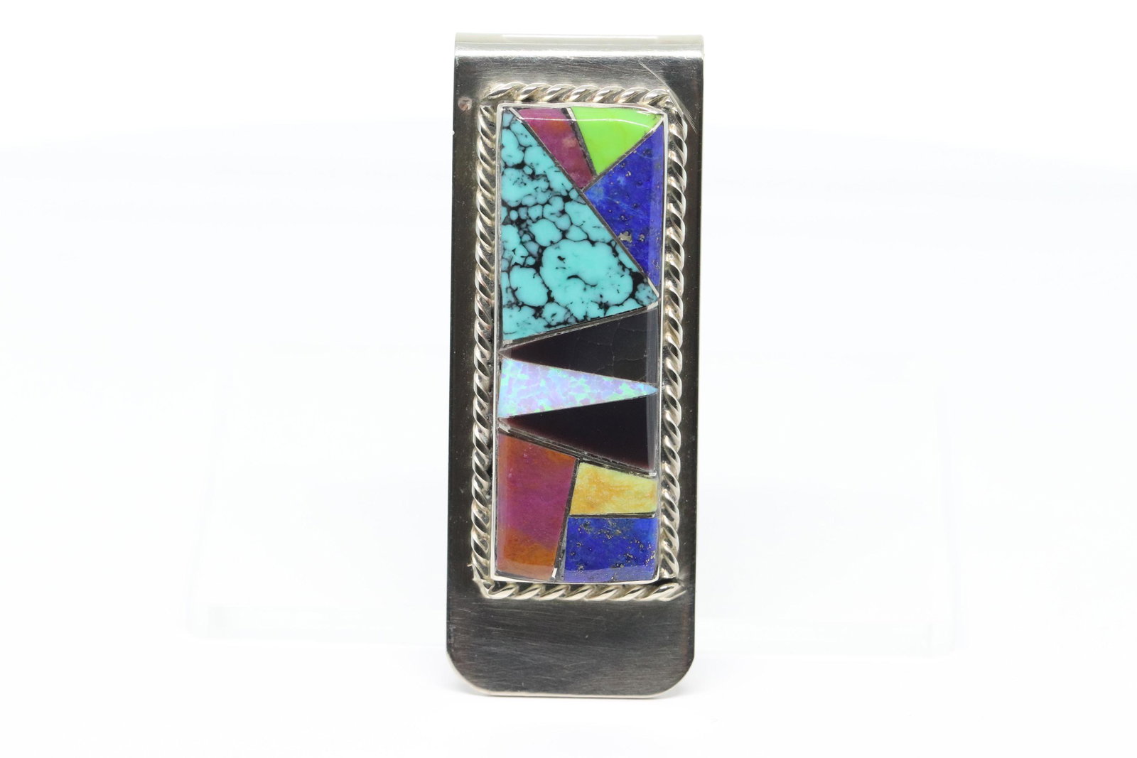 Navajo Arnold Yazzie Sterling Silver Multi-Stone Inlay: This is a Navajo Arnold Yazzie Sterling Silver Multi-Stone Inlay Money Clip. REF:I899T521