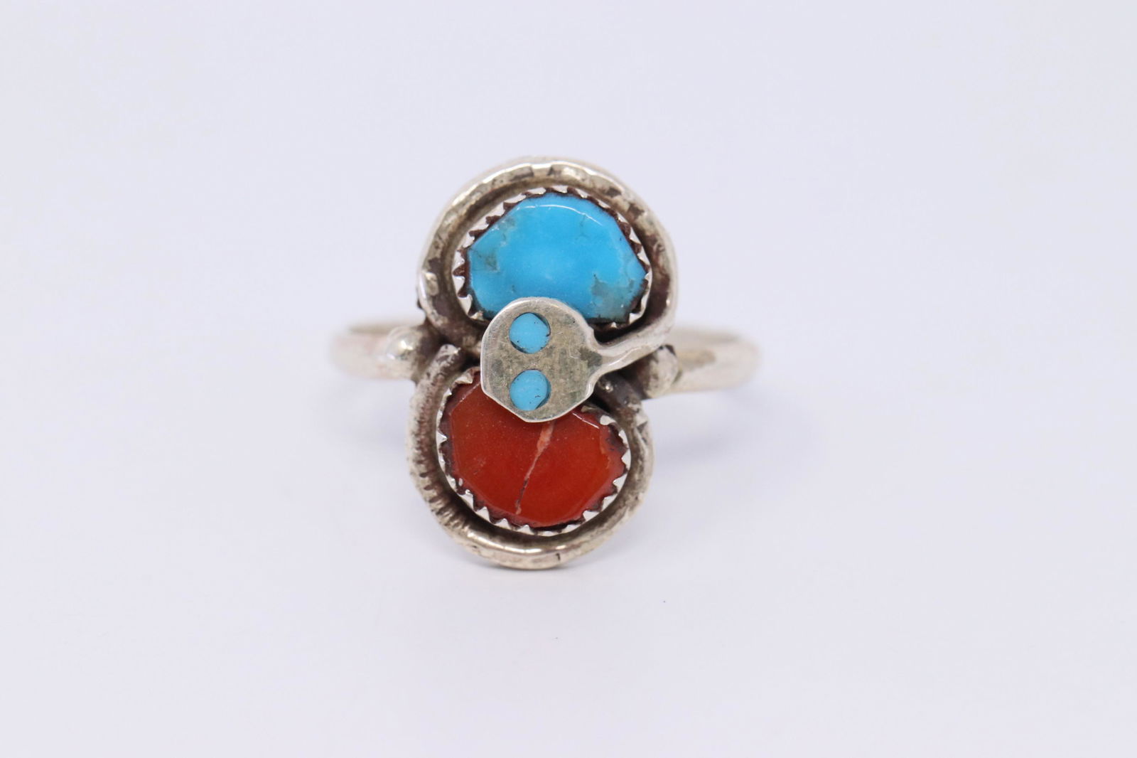 NATIVE AMERICAN ZUNI STERLING SILVER TURQUOISE CORAL (1 of 4)