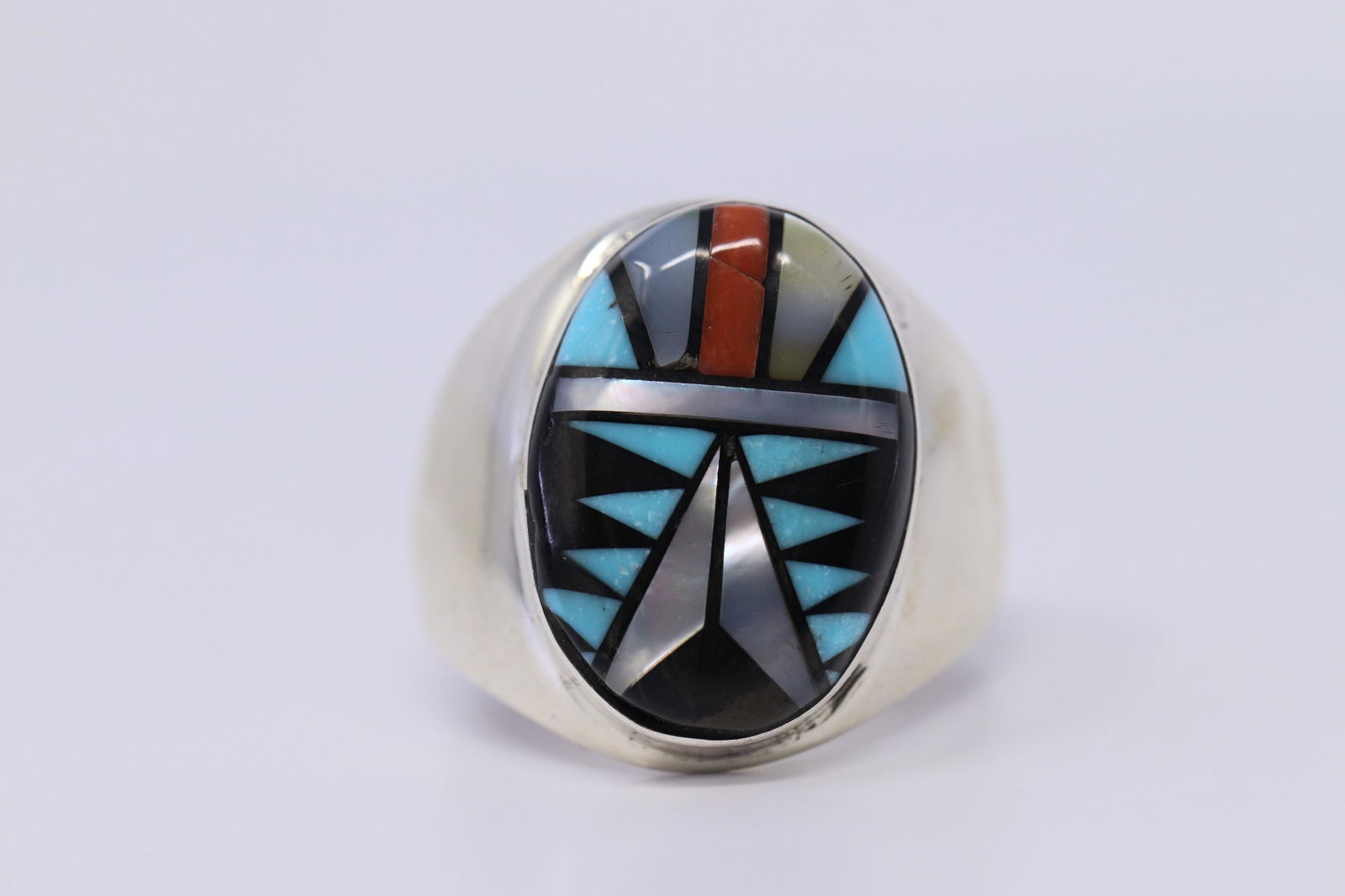 Mens Sterling Silver Large Turquoise Coral Inlay Ring (1 of 4)