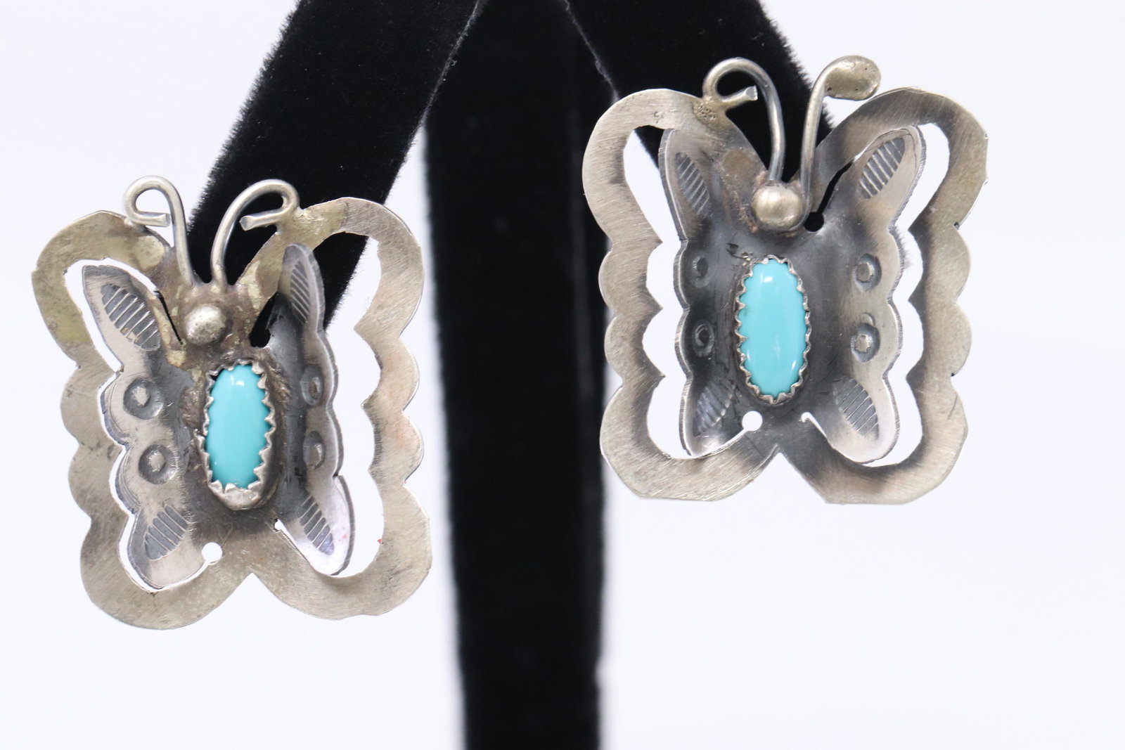 Navajo Handmade Sterling Silver Turquoise Hook: This is a Navajo Handmade Sterling Silver Turquoise Hook Butterfly Earrings By Tim Yazzie. REF:I498T032