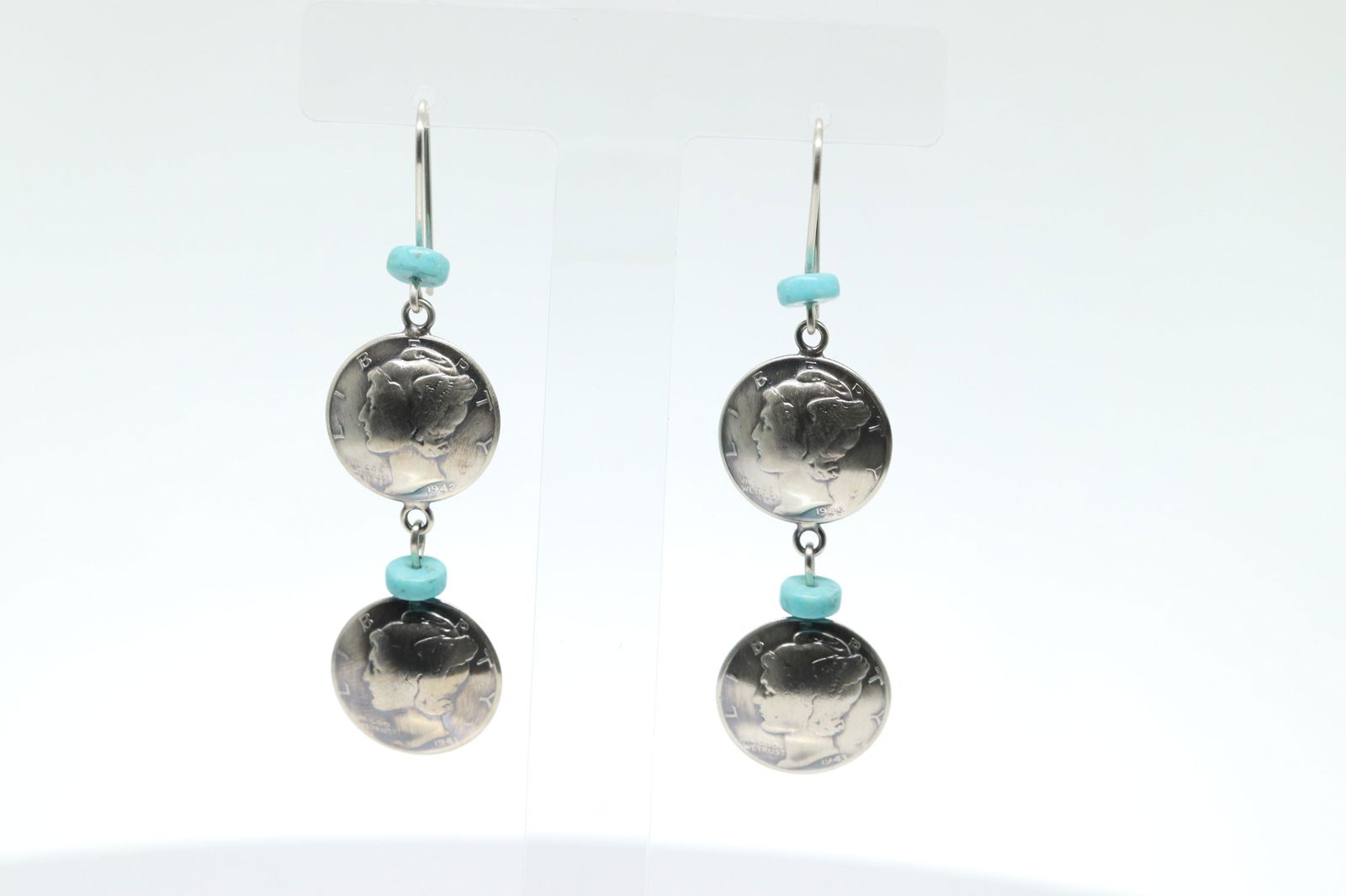 James McCabe Sterling Silver & Turquoise Liberty Coin: This is a James McCabe Sterling Silver & Turquoise Liberty Coin Dangle Earrings. REF:I655D032