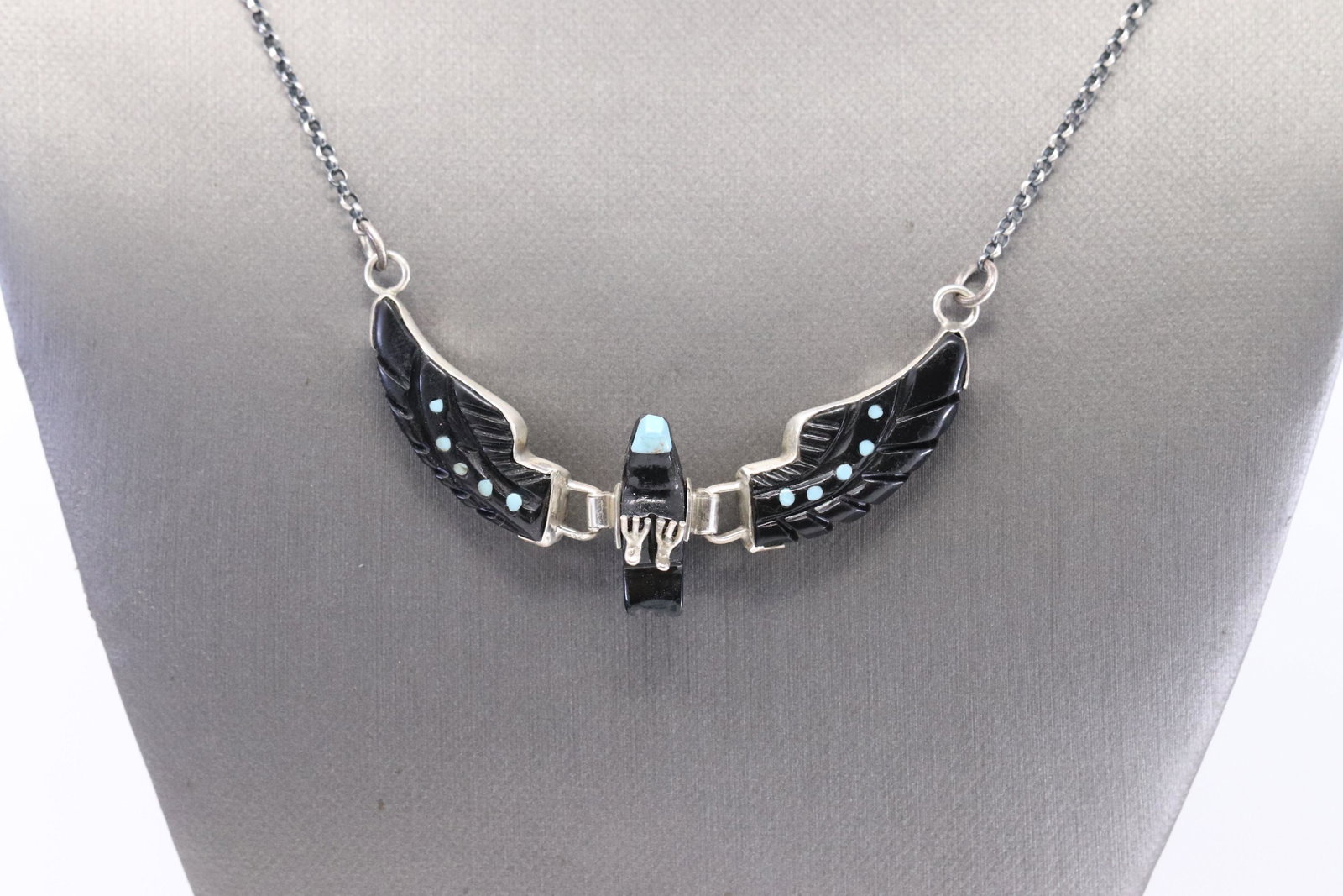 Ben Livingston Navajo Handmade Sterling Silver: This is a Ben Livingston Navajo Handmade Sterling Silver Turquoise Onyx Eagle Necklace. Necklace size is 19.00".