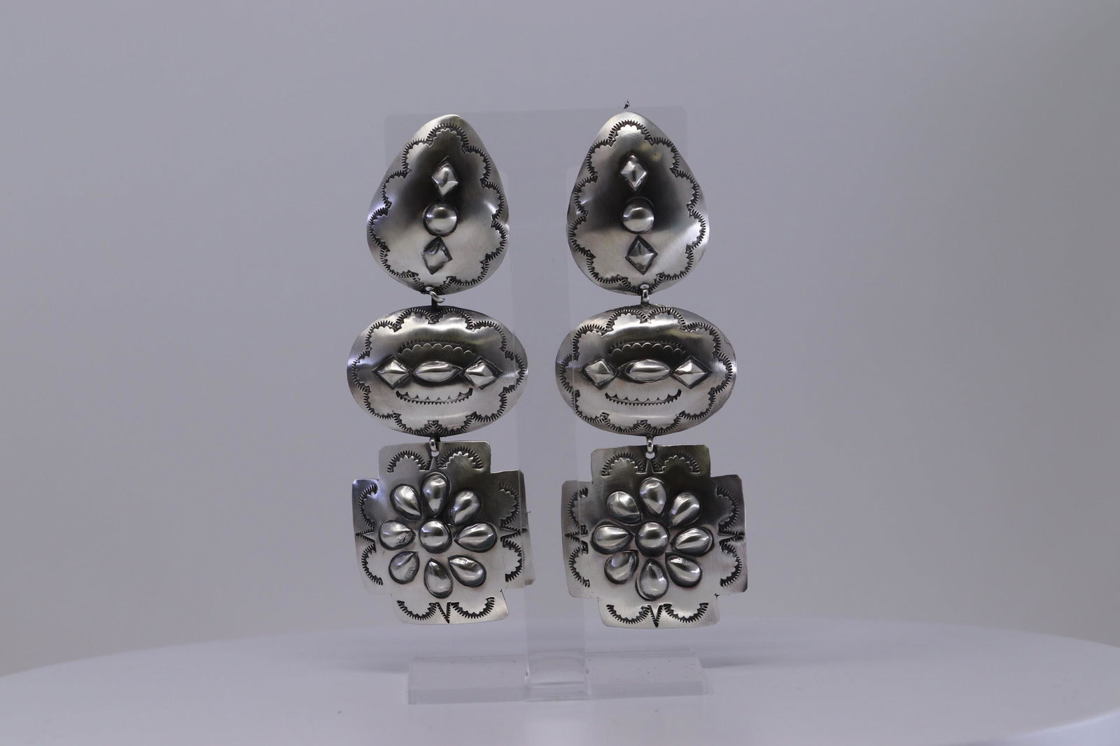Large Long Navajo Concho Sterling Silver Earrings By (1 of 3)