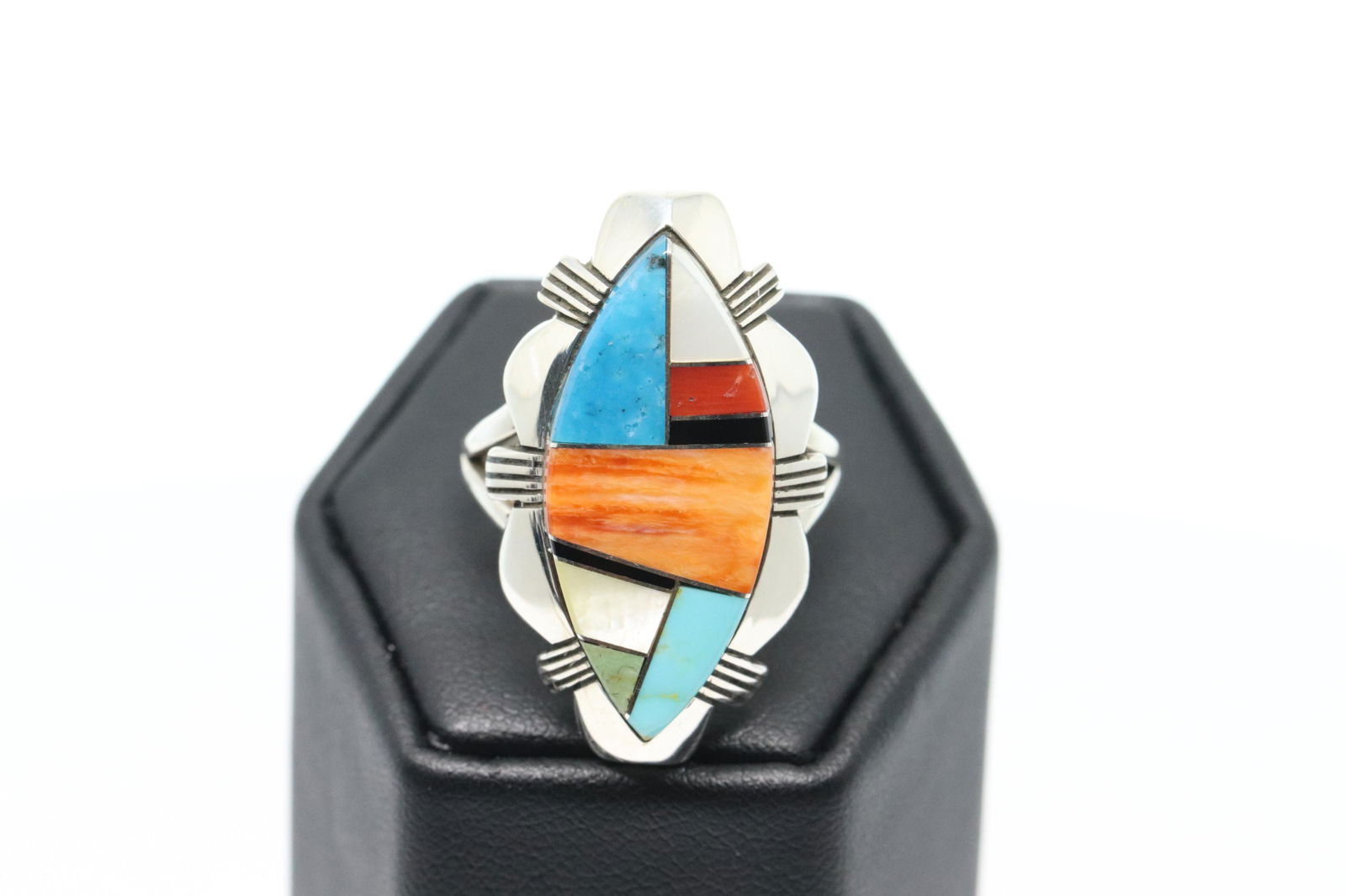 Native American Sterling Silver Multi Stone Inlay Ring (1 of 4)