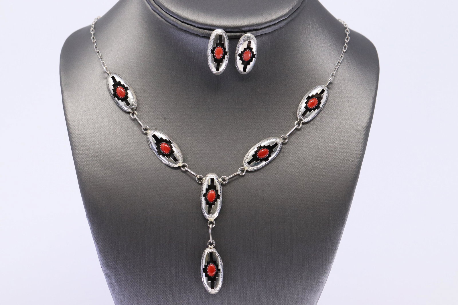 Navajo Native American Coral Necklace & Earring Set By: This is a Navajo Native American Coral Necklace & Earring Set By Felix Perry. Necklace length is 17.00".
