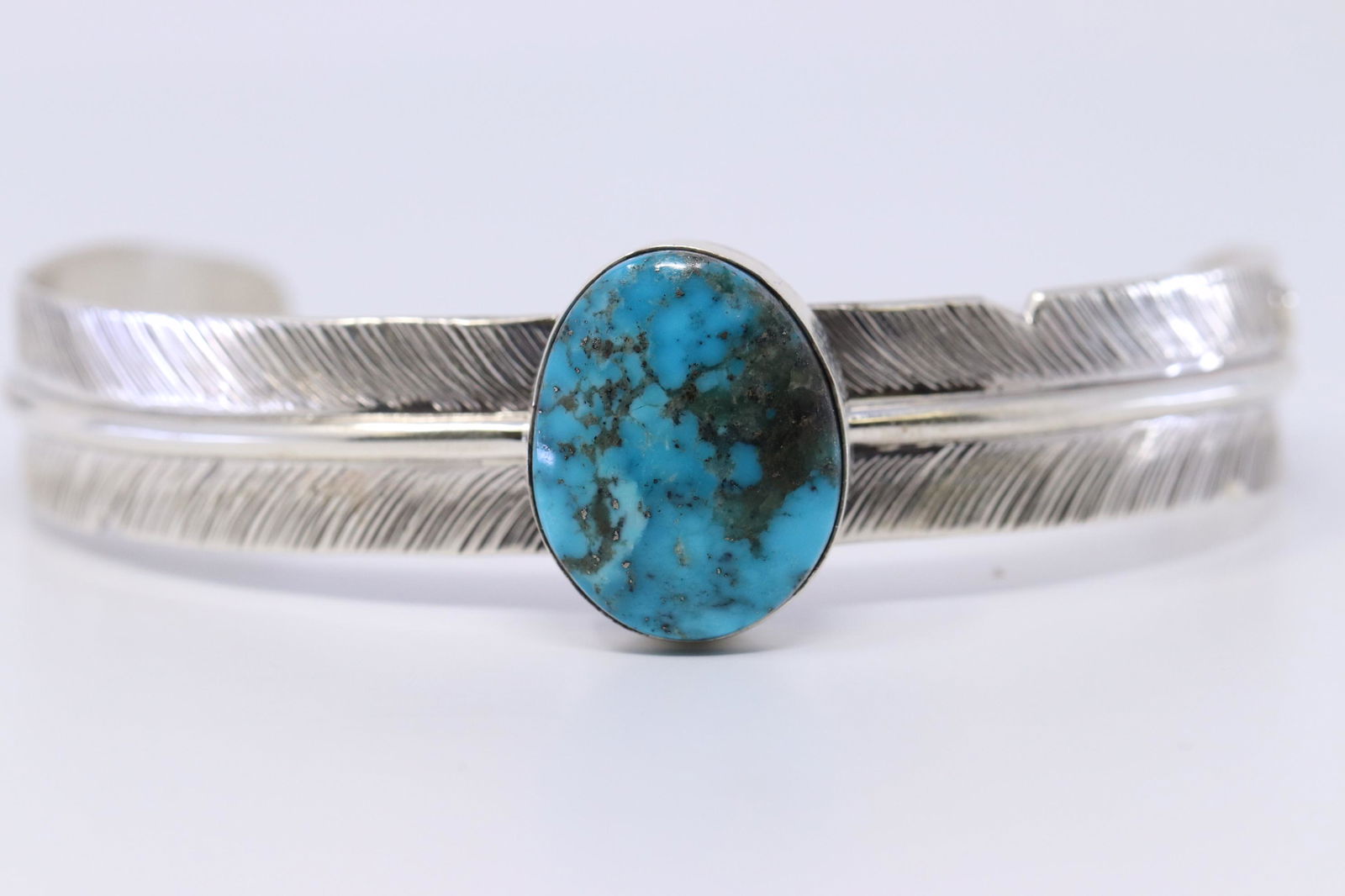 Navajo Handmade Sterling Silver Turquoise Cuff Feather (1 of 5)