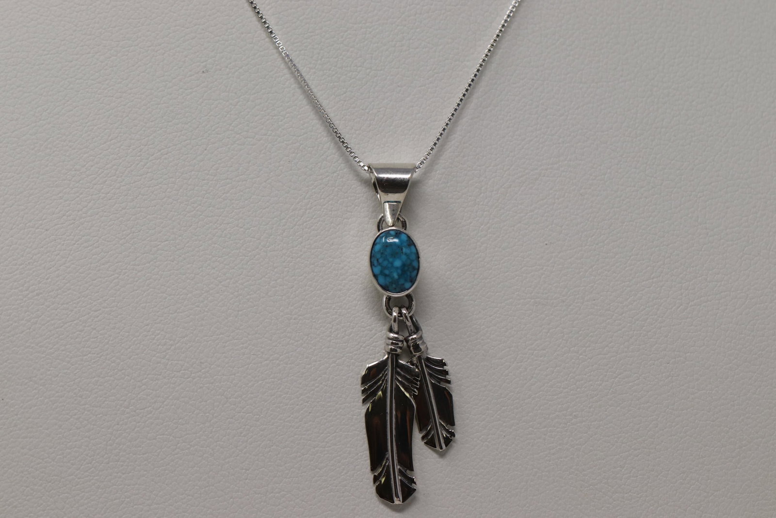 Native American Navajo Handmade Feather Necklace: This is a Native American Navajo Handmade Feather Necklace Kingman Turquoise By Rick Tolino. Necklace length is 18.00".