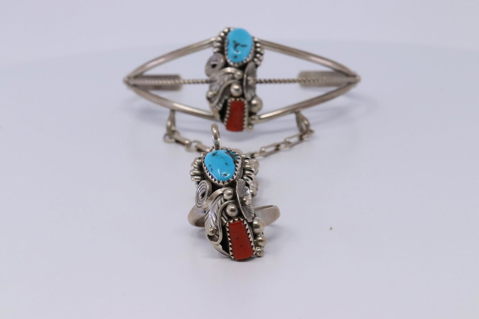 Sterling Silver Turquoise and Coral Slave Bracelet/Ring (1 of 5)
