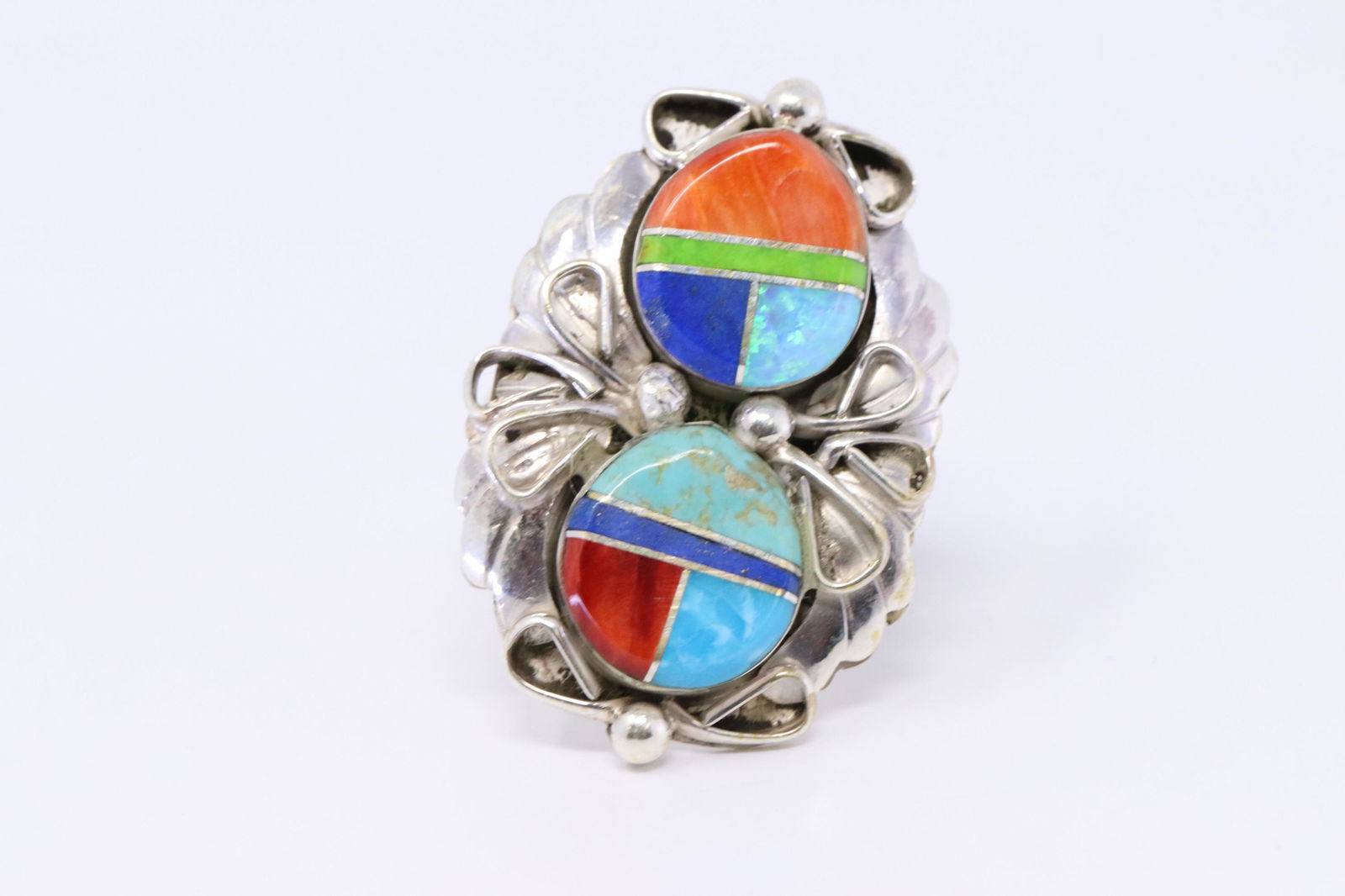 Navajo Native American Sterling Silver Multi Stone: This is a Navajo Native American Sterling Silver Multi Stone Inlay Ring By Jimmie Yazzie. Ring size is 10.00.