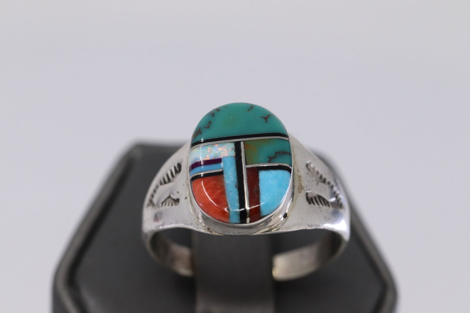 Navajo Native American Sterling Silver Multi-Stone: This is a Navajo Native American Sterling Silver Multi-Stone Inlay Ring By M.L. ring size is 11.0. REF:I854D994