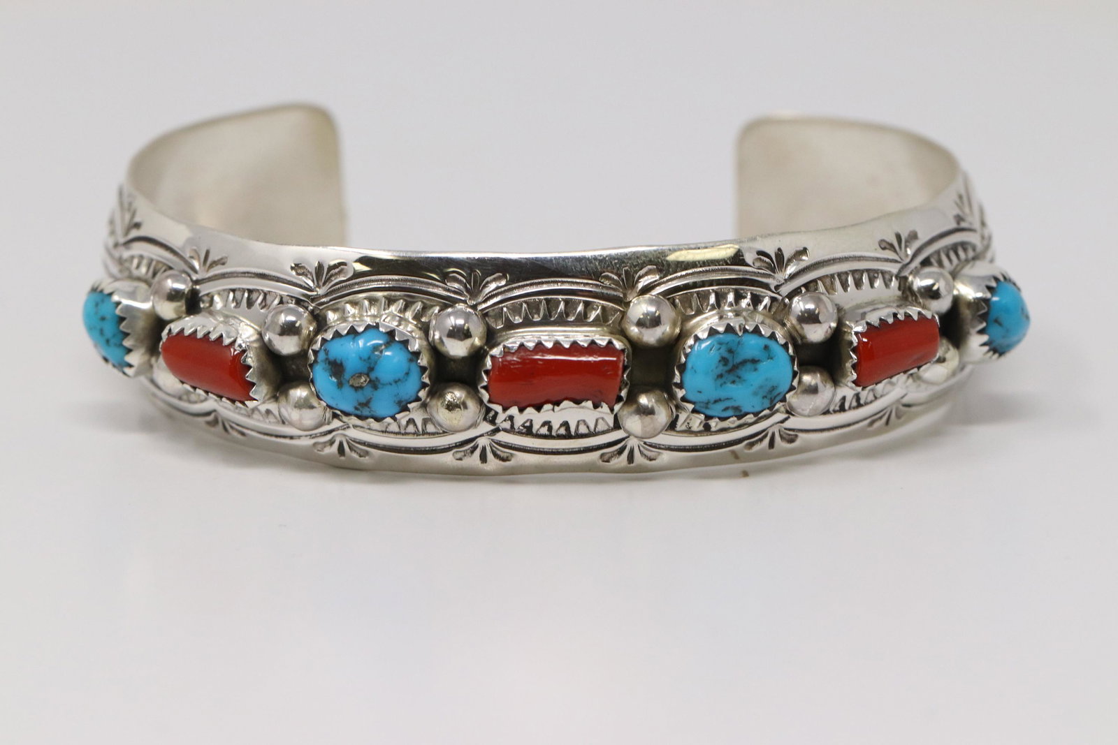 Navajo Handmade Turquoise Coral Bracelet Sterling: This is a Navajo Handmade Turquoise Coral Bracelet Sterling Silver Grace Silver