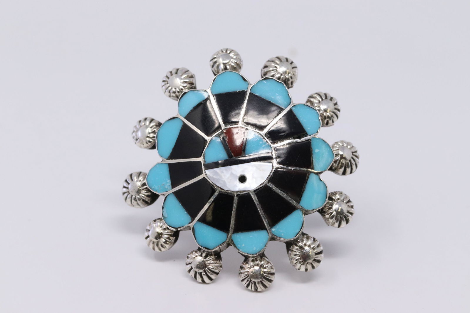 Zuni Handmade Sterling Silver Inlay Sun Face Ring By (1 of 3)