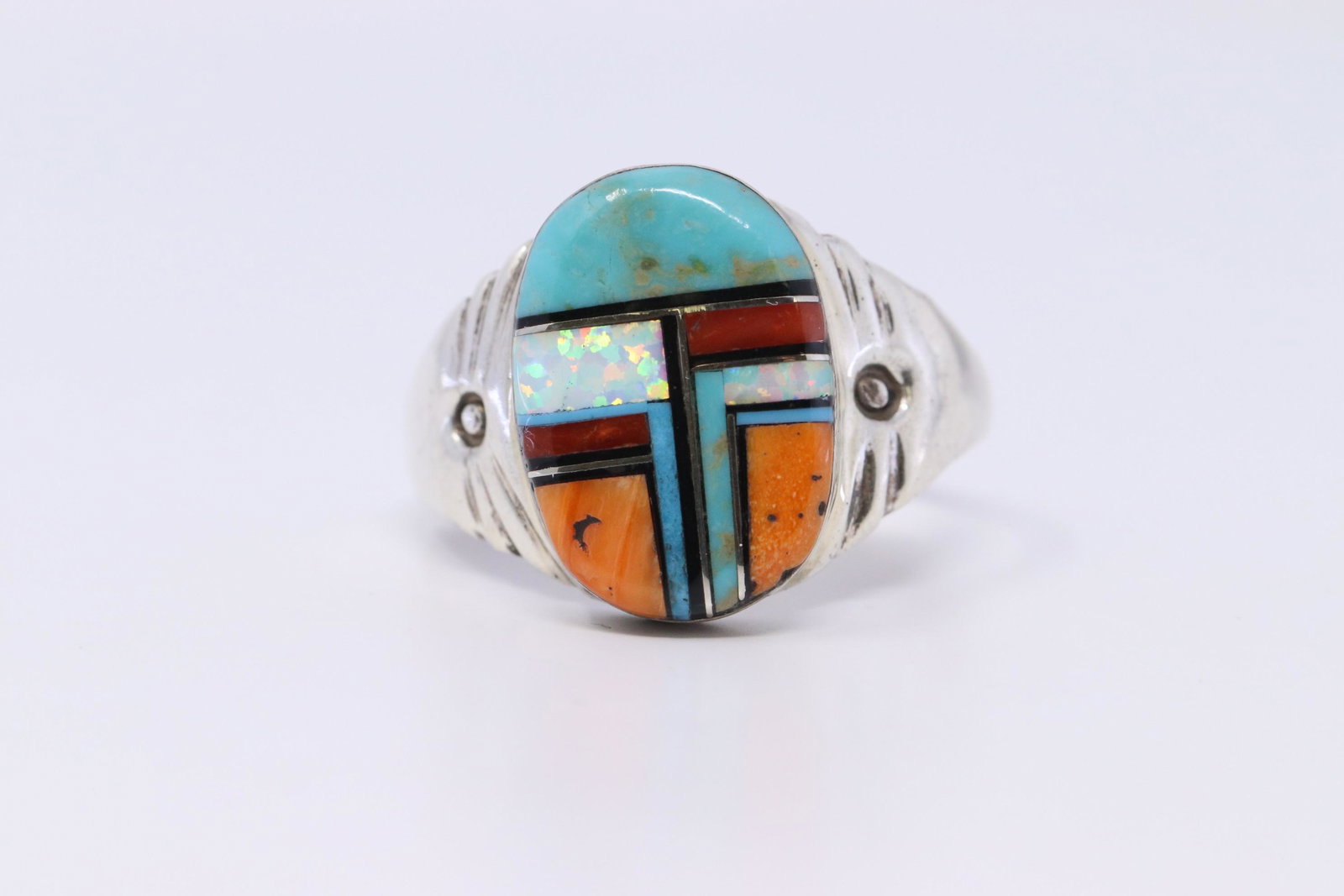 Native American Navajo Multi-Color Inlay Ring By ML: This is a Native American Navajo Multi-Color Inlay Ring By ML. ring size is 14.00.
