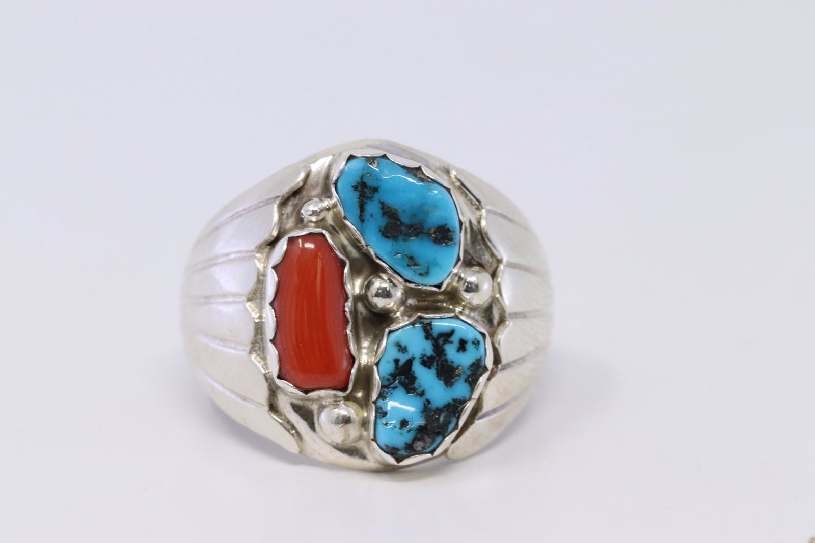 Mens Sterling Silver Turquoise Coral Ring By Navajo: This is a Mens Sterling Silver Turquoise Coral Ring By Navajo Anna Spencer. Ring size is 12.00.