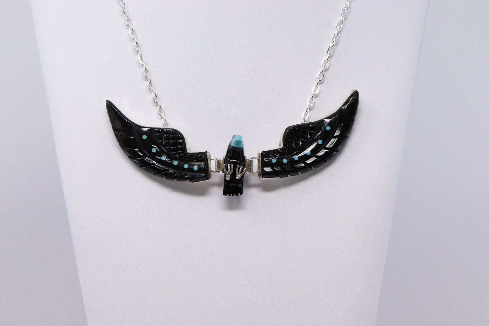 Navajo Handmade Sterling Silver Turquoise & Onyx Eagle: This is a Navajo Handmade Sterling Silver Turquoise & Onyx Eagle Necklace By Ben Livingston. Necklace length is 18.00".
