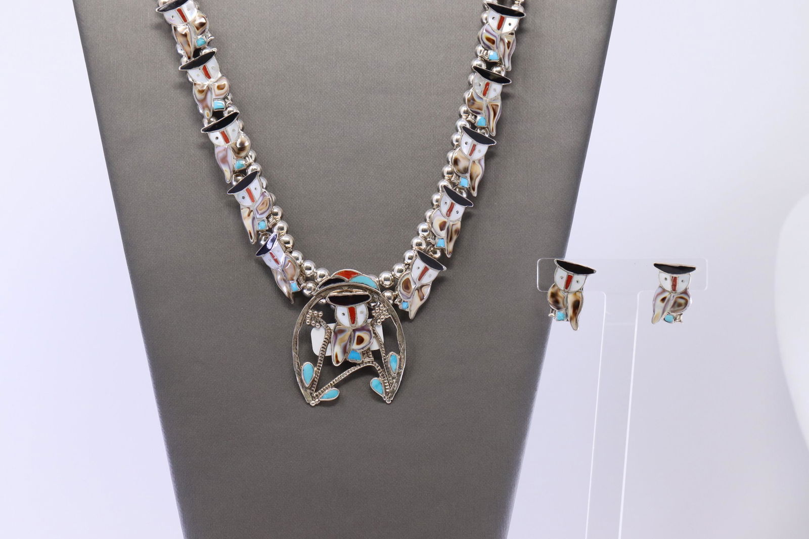 Zuni Inlay Owl Necklace and Sterling Silver Earring Set (1 of 6)