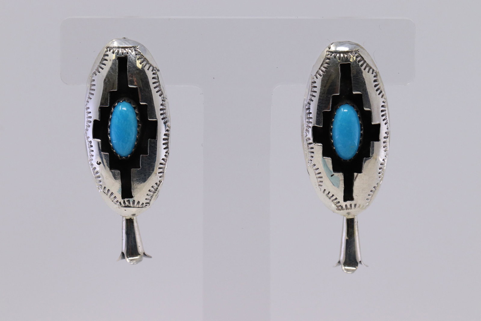 Navajo Handmade Kingman Turquoise Shadowbox Earrings in: This is a Navajo Handmade Kingman Turquoise Shadowbox Earrings in Sterling Silver Felix Perry. REF:I8644T8321