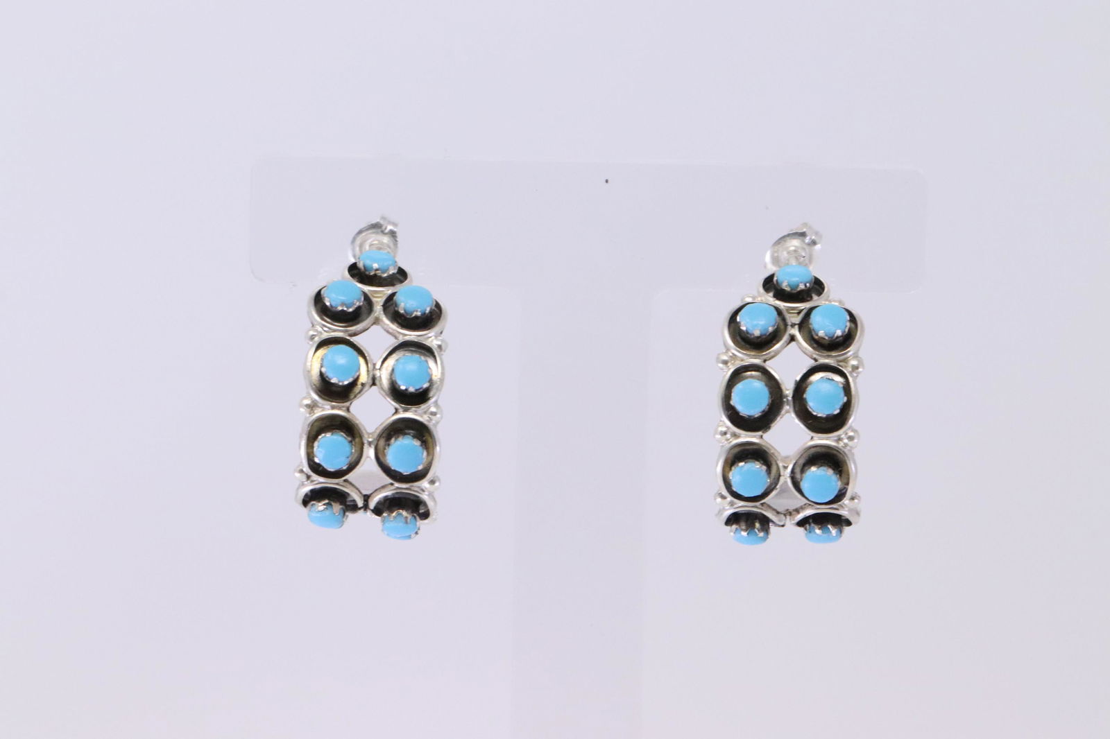 Native American Zuni Handmade Sterling Silver Turquoise: This is a Native American Zuni Handmade Sterling Silver Turquoise Petit Point Cluster Post Earrings by Marlinda begay