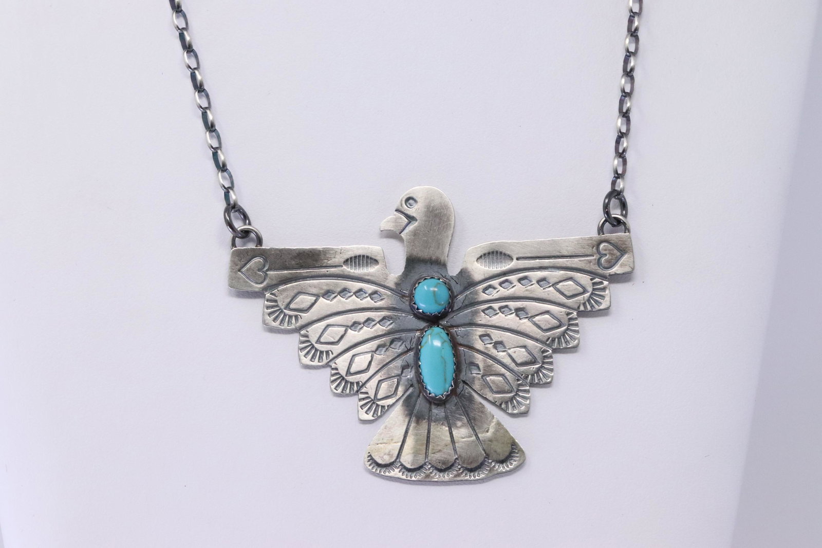 Native American Navajo Handmade Sterling: This is a Native American Navajo Handmade Sterling SilverThunderbird Necklace by Tim Yaziie. Necklace Size is 20.00"