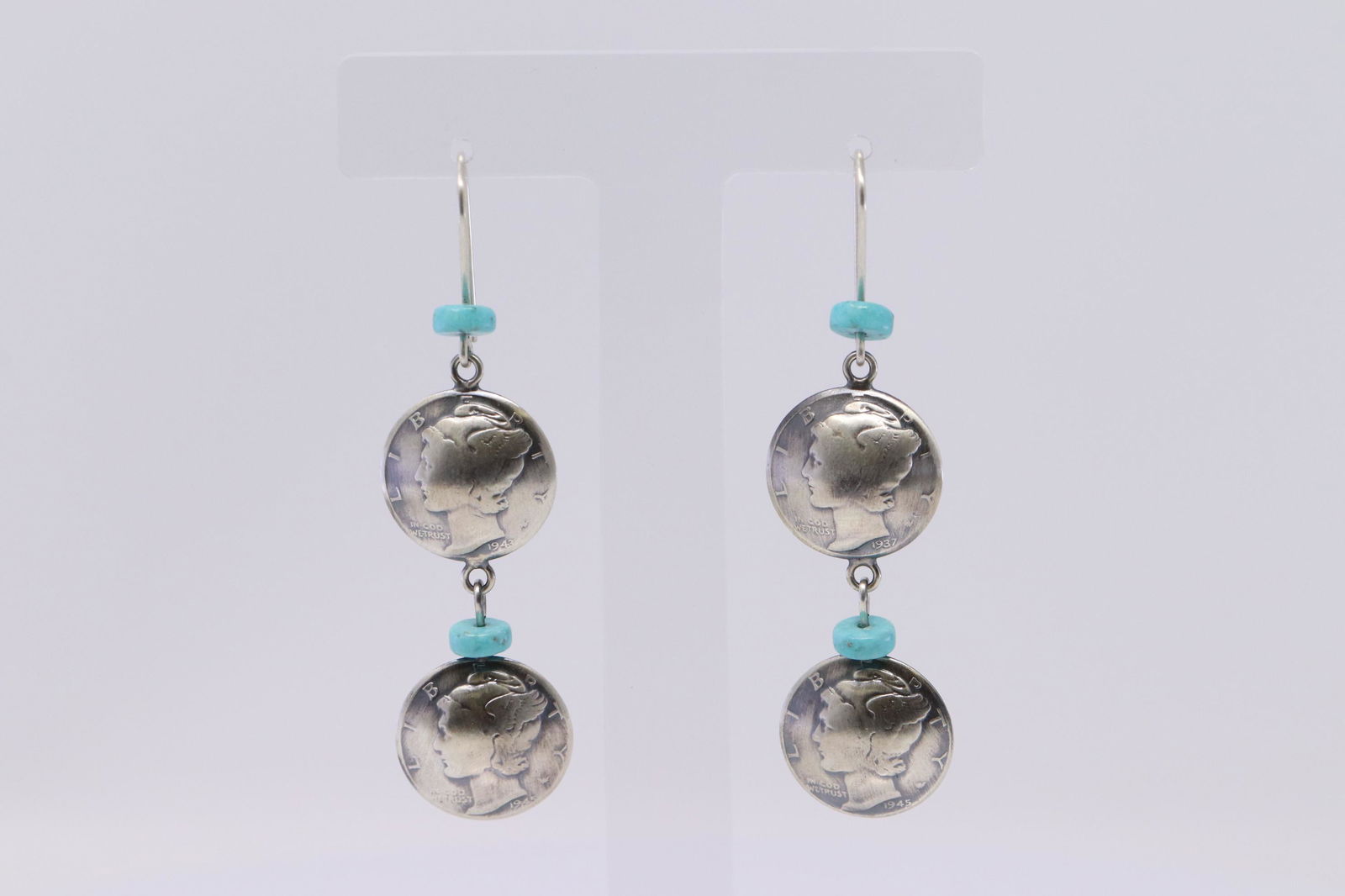 James McCabe Sterling Silver & Turquoise Liberty Coin: This is a James McCabe Sterling Silver & Turquoise Liberty Coin Dangle Earrings. REF:I76545D974