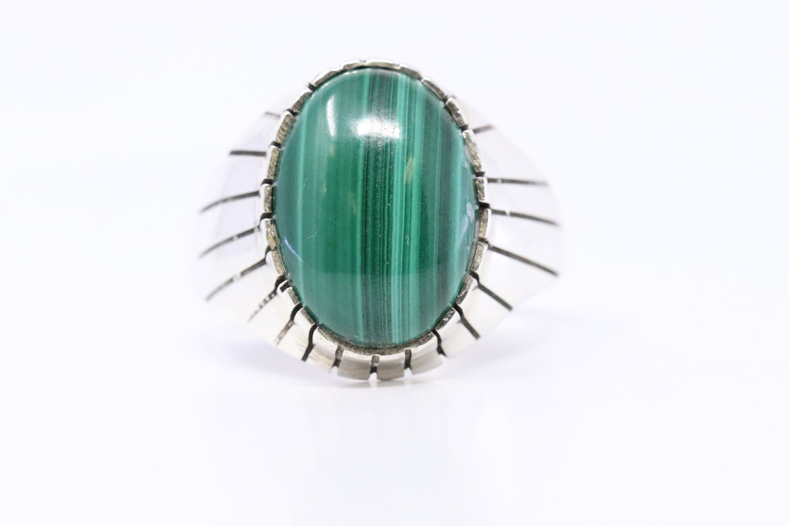 Navajo Handmade Sterling Silver Malachite Ring By Ray: This is a Navajo Handmade Sterling Silver Malachite Ring By Ray Jack.Ring size is 15.00.