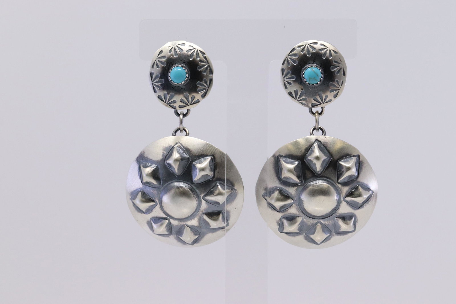 Tim Yazzie Navajo Sterling Silver & Turquoise Stone: This is a Tim Yazzie Navajo Sterling Silver & Turquoise Stone Dangling Earrings.