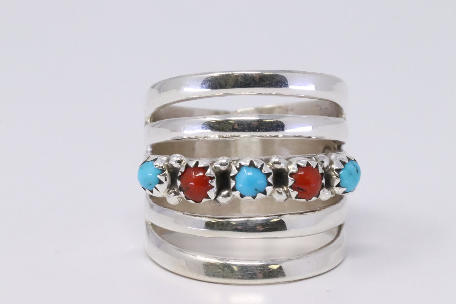 Native American Navajo Handmade Sterling Silver: This is a Native American Navajo Handmade Sterling Silver Turquoise and Coral Ring by Grace Silver. Ring Size is 9.50