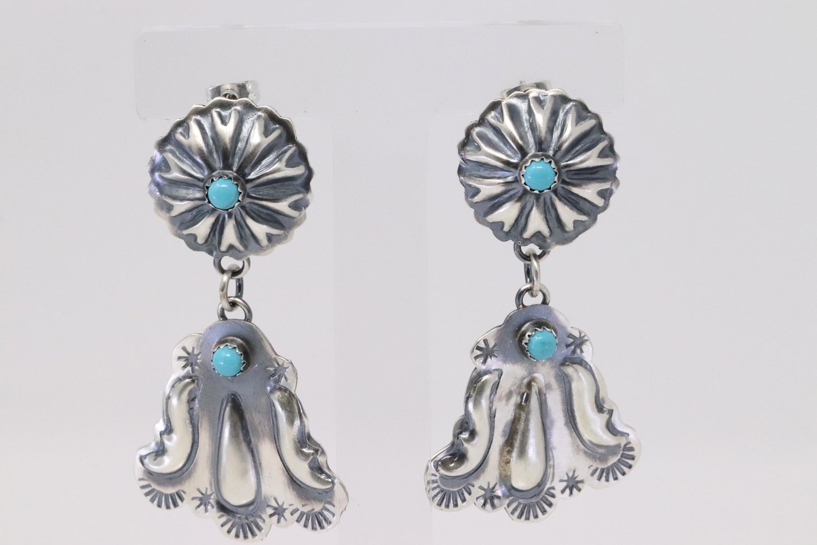 Native American Navajo Handmade Sterling Silver: This is a Native American Navajo Handmade Sterling Silver Turquoise Concho Hand Stamped Oxidized Earrings by Tim Yazzie. Earrings Length is 2.50in"