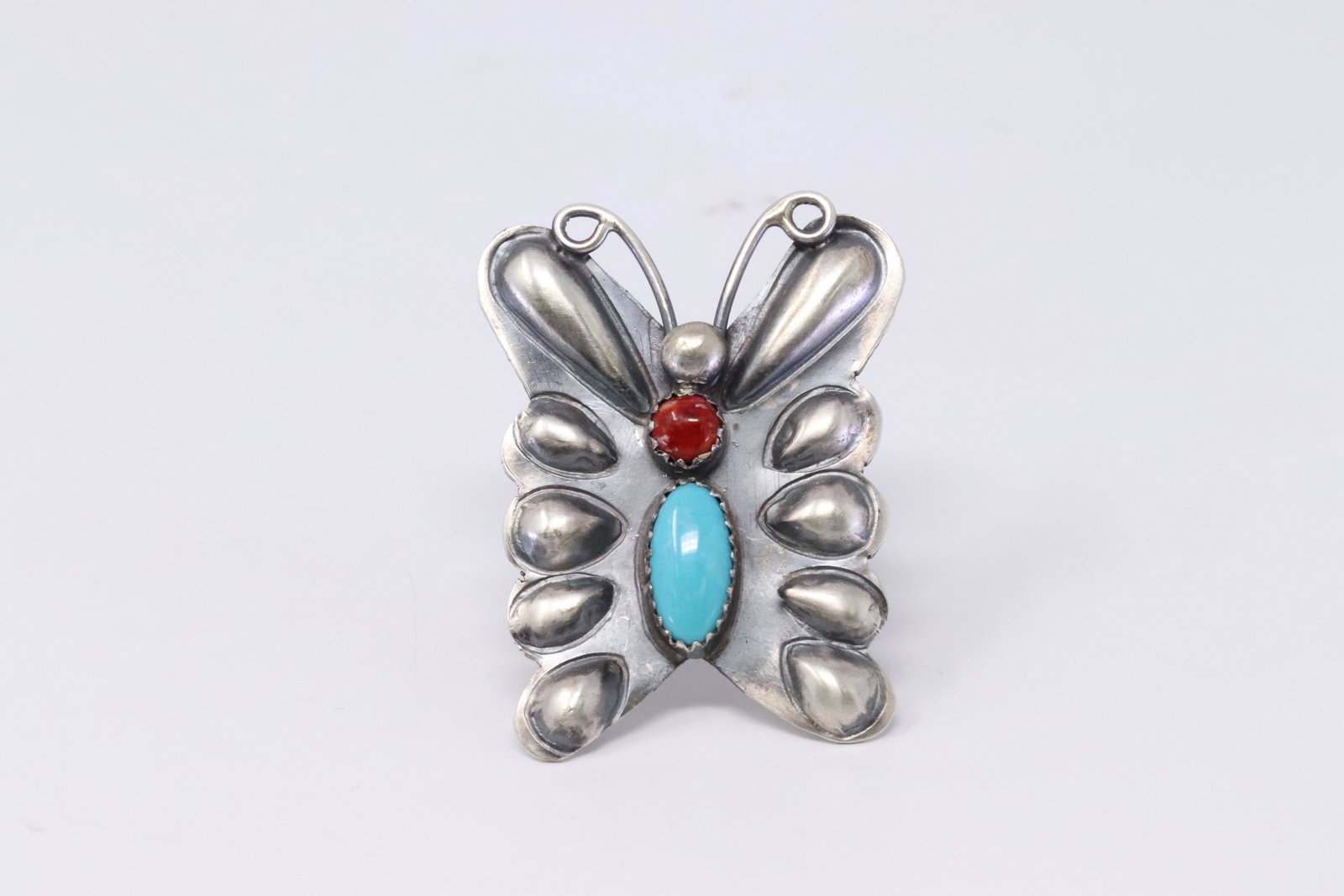 Native American Navajo Handmade Sterling Silver: This is a Native American Navajo Handmade Sterling Silver Turquoise & Coral Butterfly Ring by Tim Yazzie. Ring size is 7.00