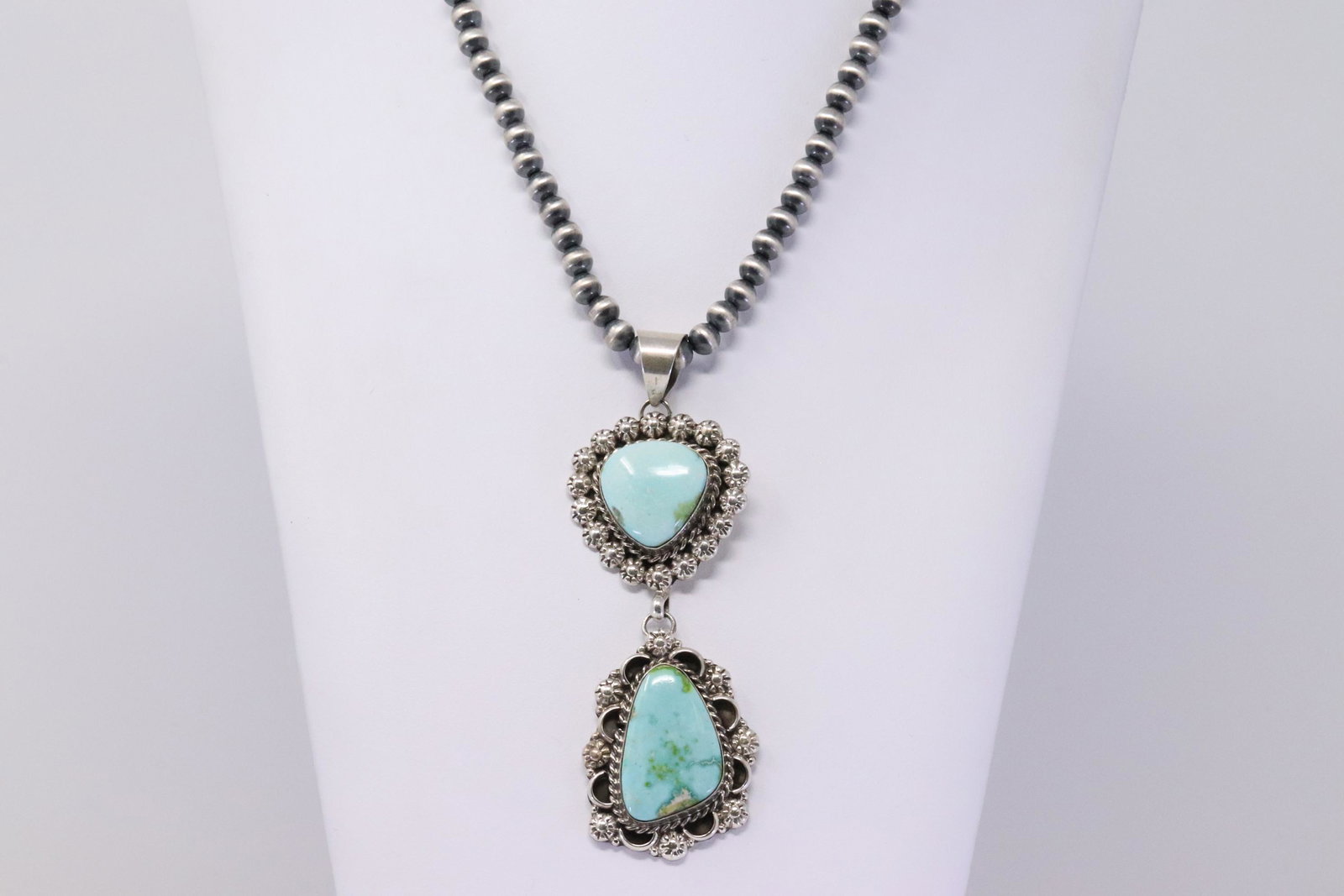 Native American Navajo Handmade Sterling Silver Royston: This is a Native American Navajo Handmade Sterling Silver Royston Turquoise Pendant by Betta Lee and Beaded Necklace by Mason Lee. Necklace Length is 22.00in"