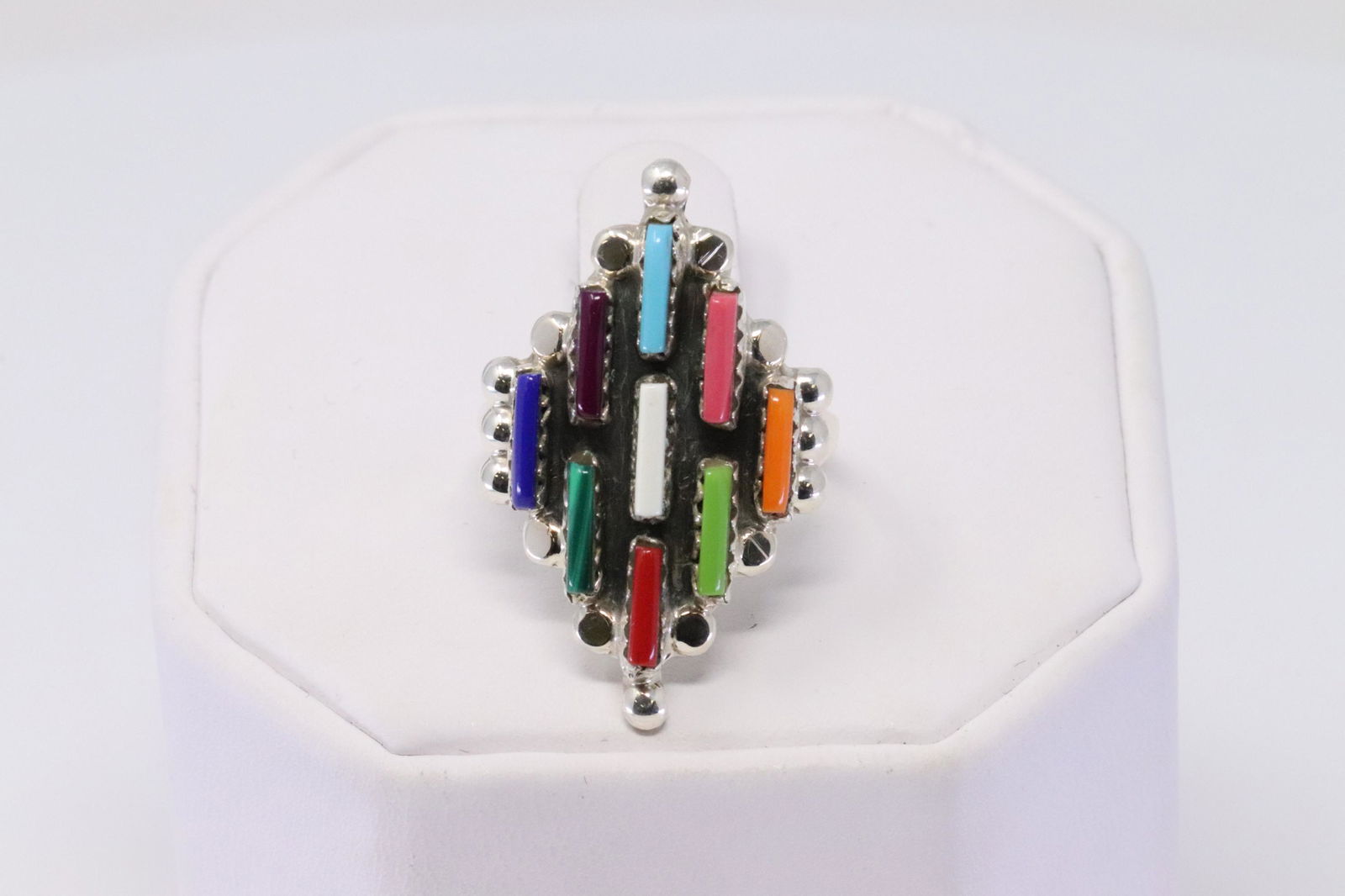 Native American Navajo Handmade Sterling Silver: This is a Native American Navajo Handmade Sterling Silver Multi-Color Needlepoint Ring by S. Ring size is 7.25