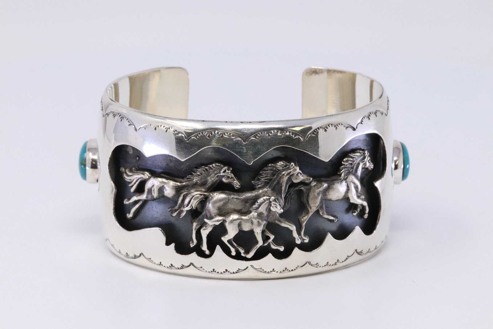 Native American Navajo Handmade Sterling Silver: This is a Native American Navajo Handmade Sterling Silver Turquoise Horse Bracelet by Tim Yazzie.
