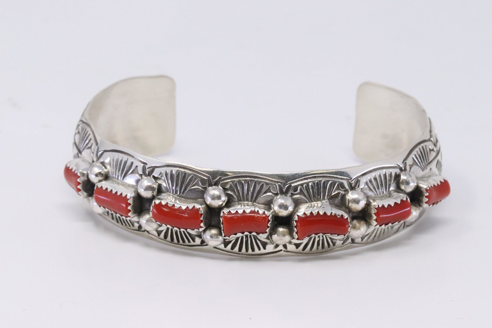 Native American Navajo Handmade Sterling Silver Coral: This is a Native American Navajo Handmade Sterling Silver Coral Bracelet by Grace Silver.