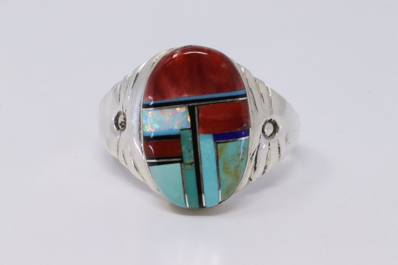 Native American Navajo Handmade Sterling Silver: This is a Native American Navajo Handmade Sterling Silver Multi-Color Inlay Ring by M.L. Ring Size is 13.00
