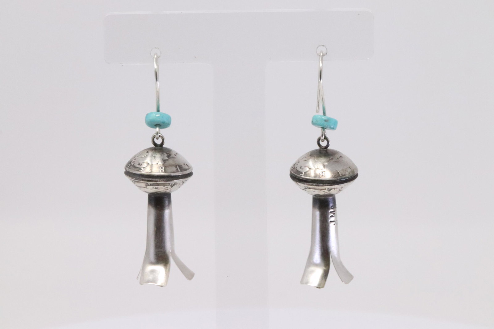 Native American Navajo Handmade Sterling Silver: This is a Native American Navajo Handmade Sterling Silver Turquoise Mercury Dime Squah Blosom Earrings by Jams Mccabe. Earrings Length is 2.00in"