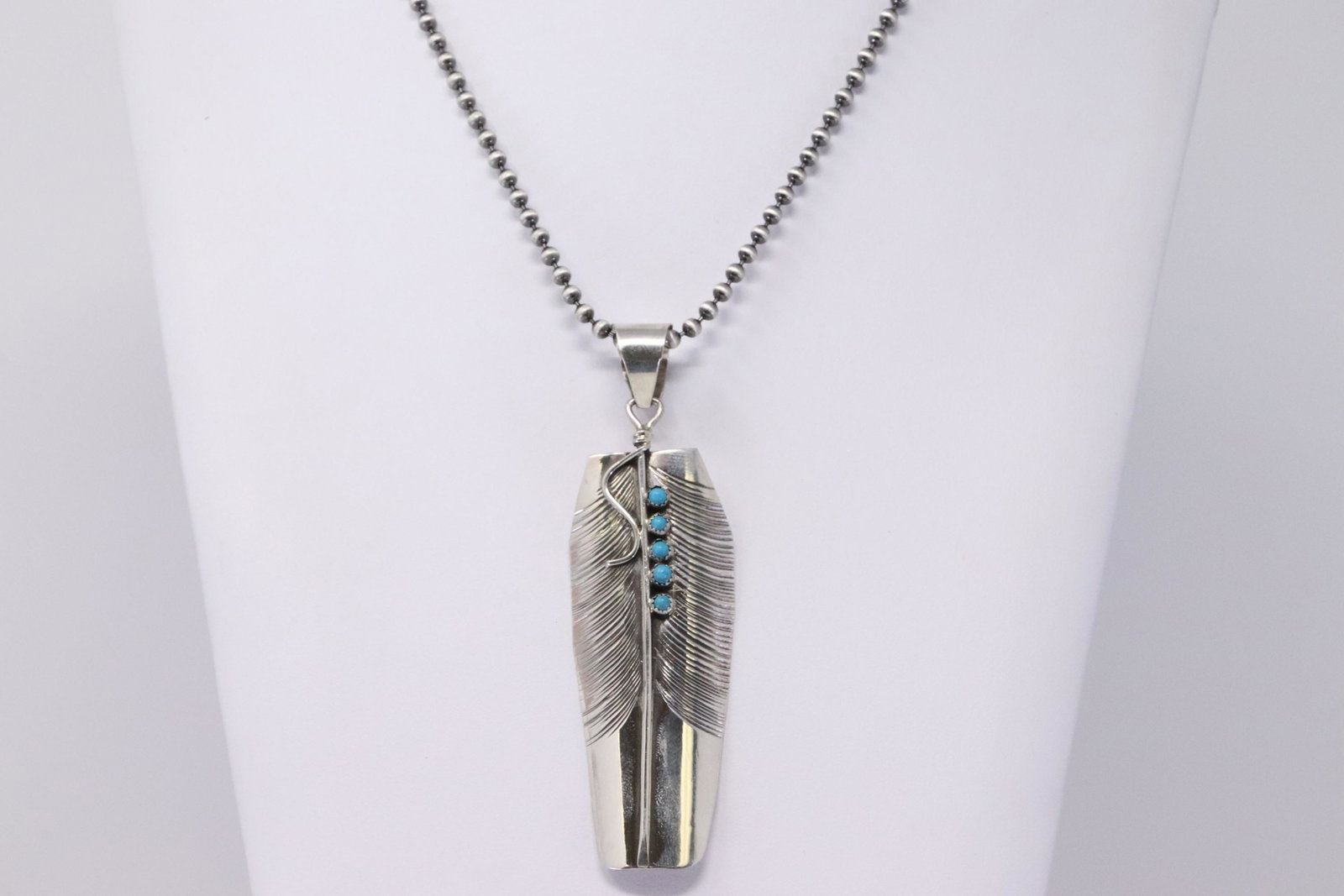 Native American Navajo Handmade Sterling Silver: This is a Native American Navajo Handmade Sterling Silver Turquoise Feather Pendant by Byron Begay with 925 Necklace. Length is 24.00in