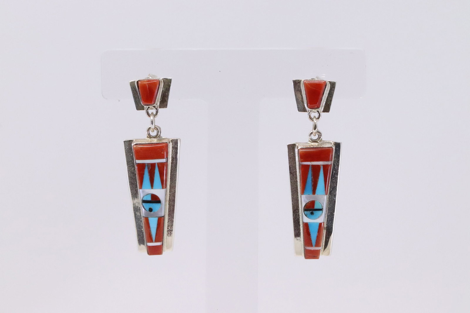 Native American Zuni Handmade Sterling Silver Turquoise: This is a Native American Zuni Handmade Sterling Silver Turquoise and Coral Post Dangle Earrings by Patty Edaakie.