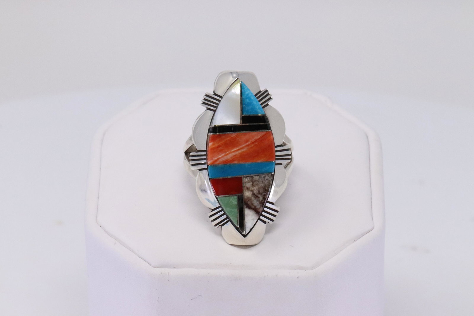 Native American Navajo Handmade Sterling Silver: This is a Native American Navajo Handmade Sterling Silver Multi-Color Inlay Ring by Ray Jack. Ring size is 7.50