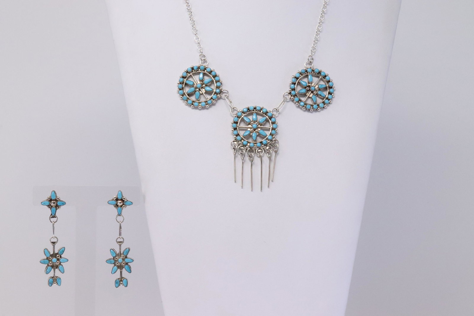 Native American Zuni Handmade Sterling Silver Turquoise: This is a Native American Zuni Handmade Sterling Silver Turquoise Necklace and Earrings Set by Rena Tsatie. Necklace Length is 17.00in. REF: R.Y