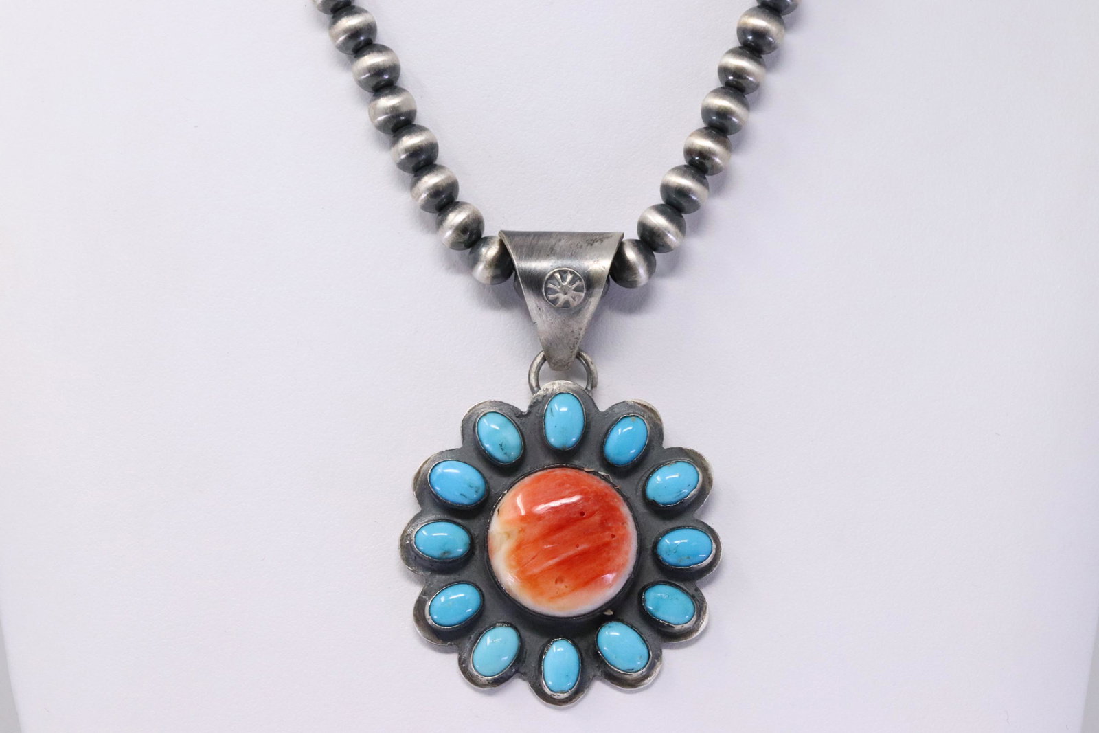 Native American Navajo Handmade Sterling Silver Spiny: This is a Native American Navajo Handmade Sterling Silver Spiny Oyster and Turquoise Pendant by Tony Yazzie with Beaded Pearl Necklace by Mason Lee. Necklace Length is 22.00in"