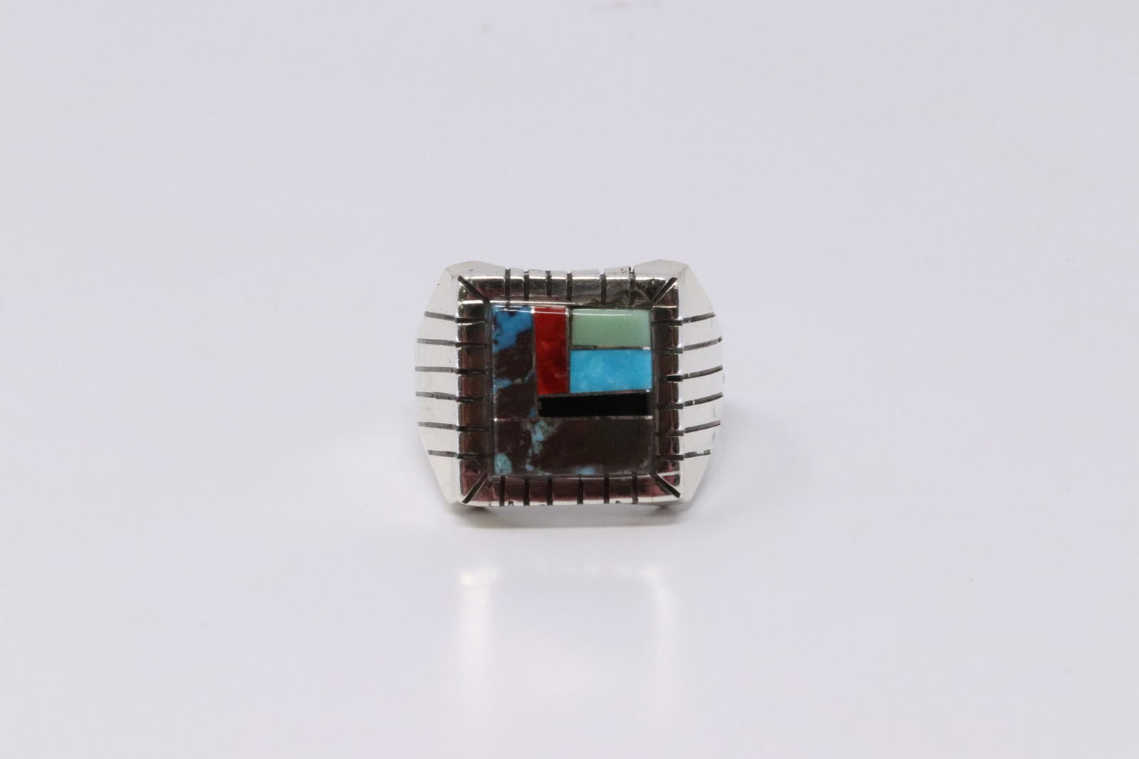 Native American Navajo Handmade Multi Color Inlay Ring: This is a Native American Navajo Handmade Multi Color Inlay Ring by Ray Jack. Ring size is 11.75