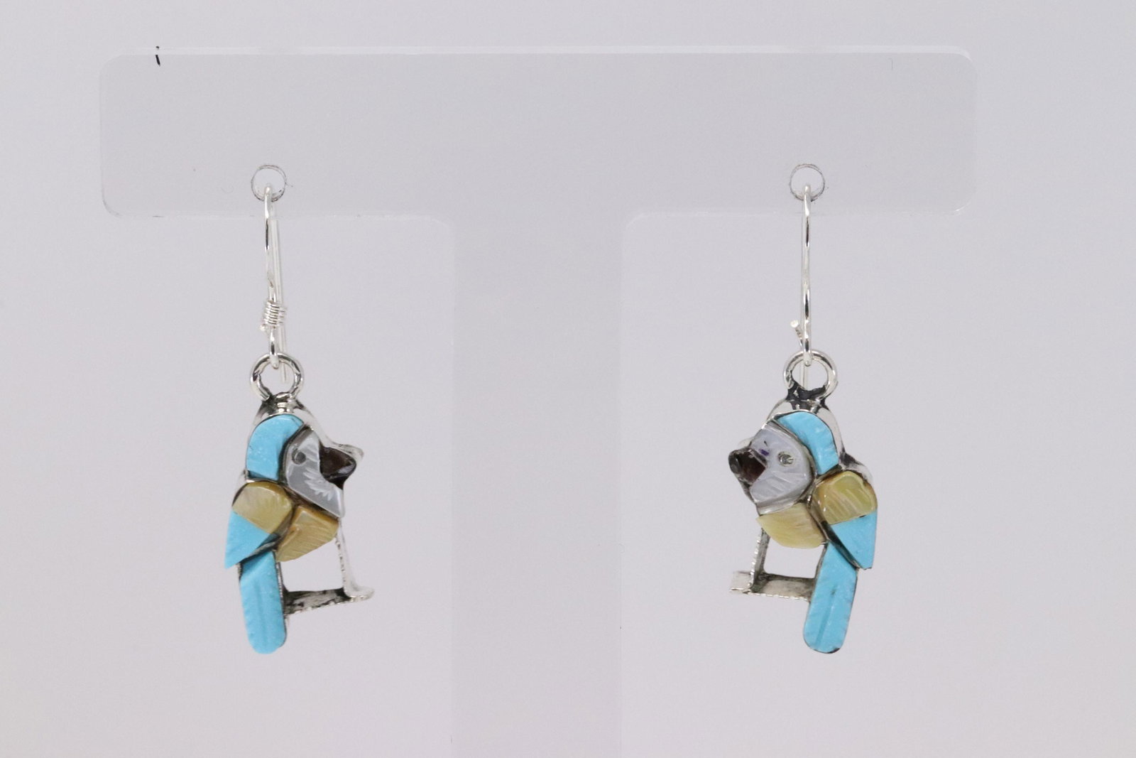 Native American Zuni Handmade Sterling Silver: This is a Native American Zuni Handmade Sterling Silver Multi-Color Inlay Parrot Dangle Earrings by Lon Jose.