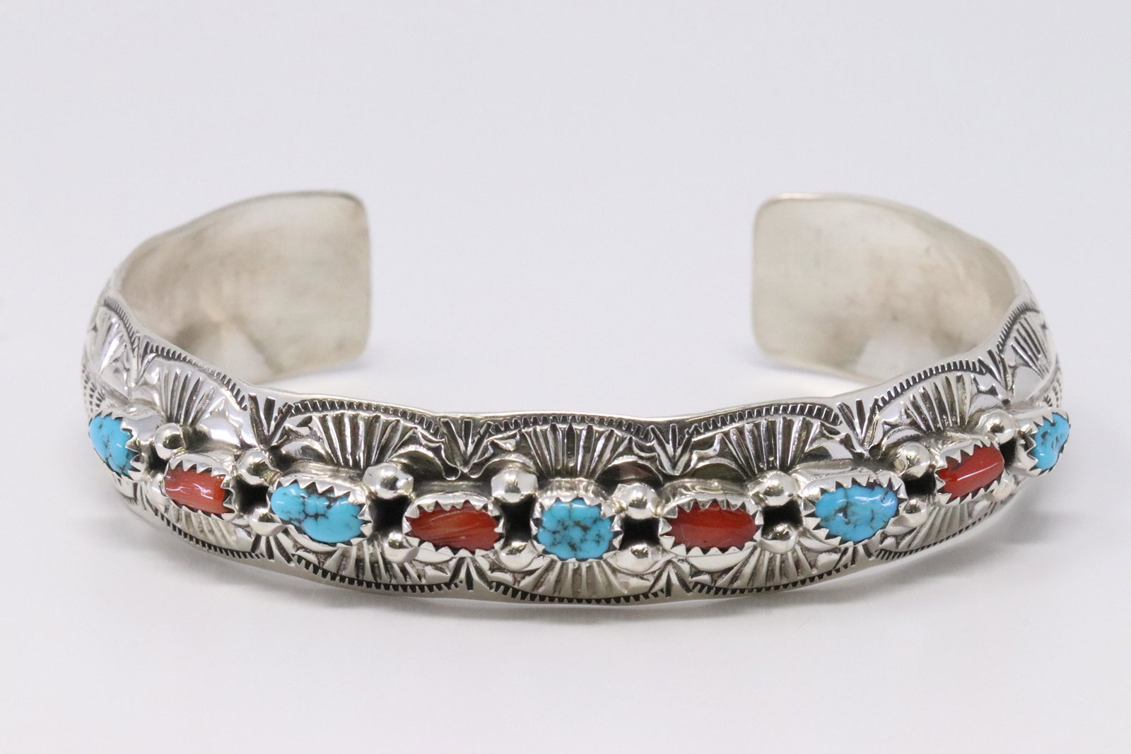 Native American Navajo Handmade Sterling Silver: This is a Native American Navajo Handmade Sterling Silver Turquoise and Coral Bracelet by Grace Silver. REF: A.B.