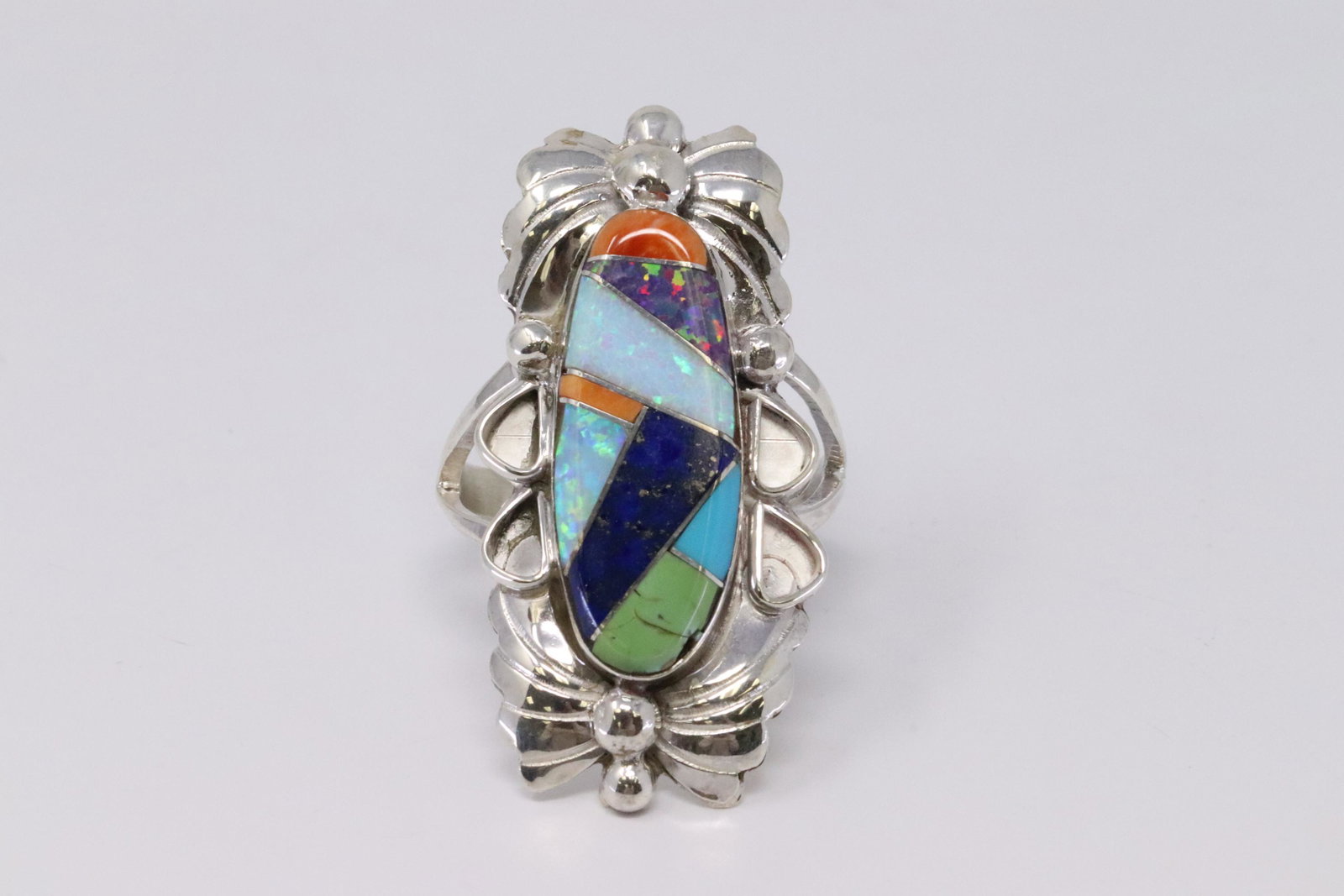 Native American Navajo Handmade Sterling Silver: This is a Native American Navajo Handmade Sterling Silver Multi-Color Inlay Ring by Jerome Yazzie. Ring size is 8.50