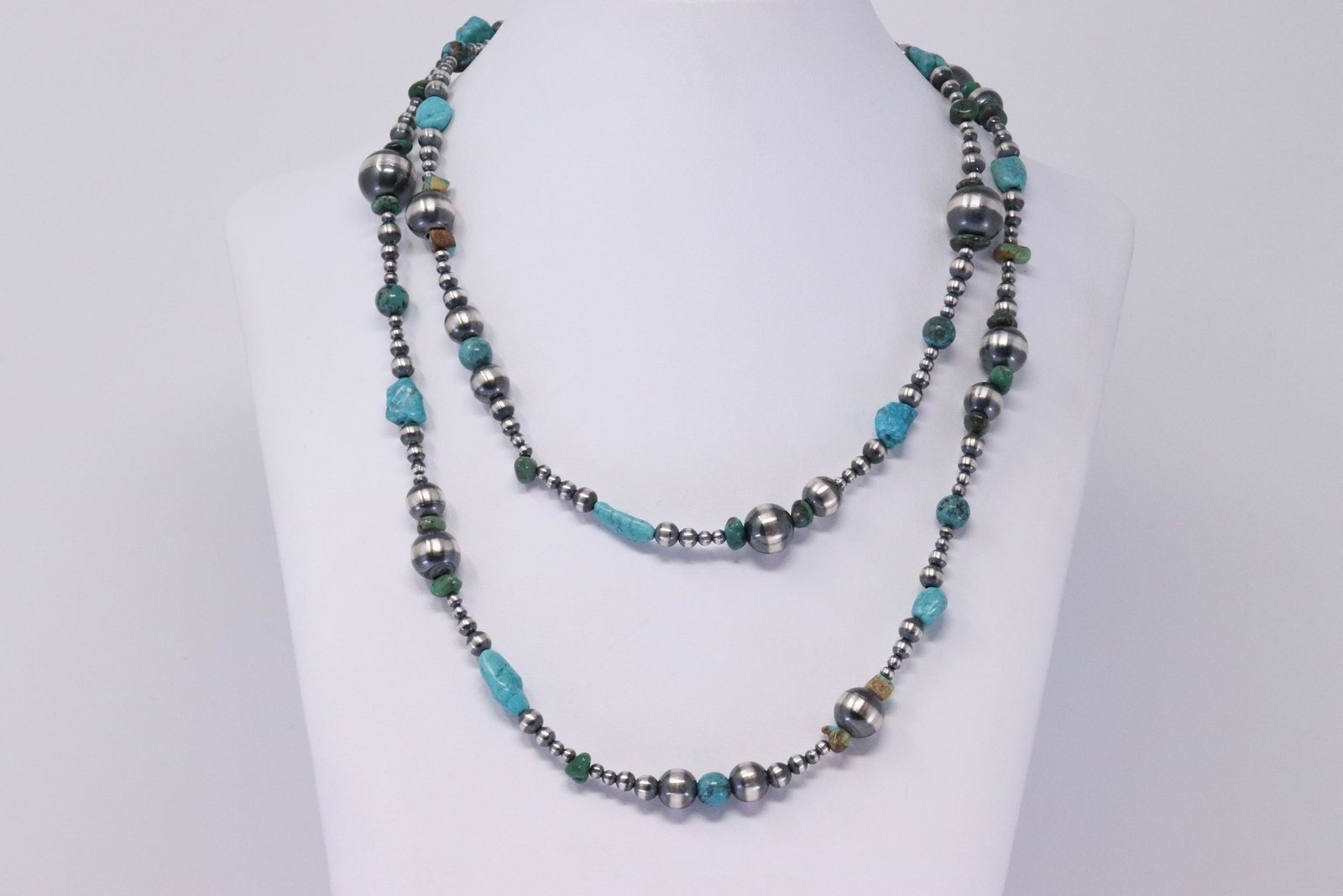 Native American Navajo Handmade Sterling Silver: This is a Native American Navajo Handmade Sterling Silver Turquoise Beaded Necklace. Necklacle Length is 36.00in"